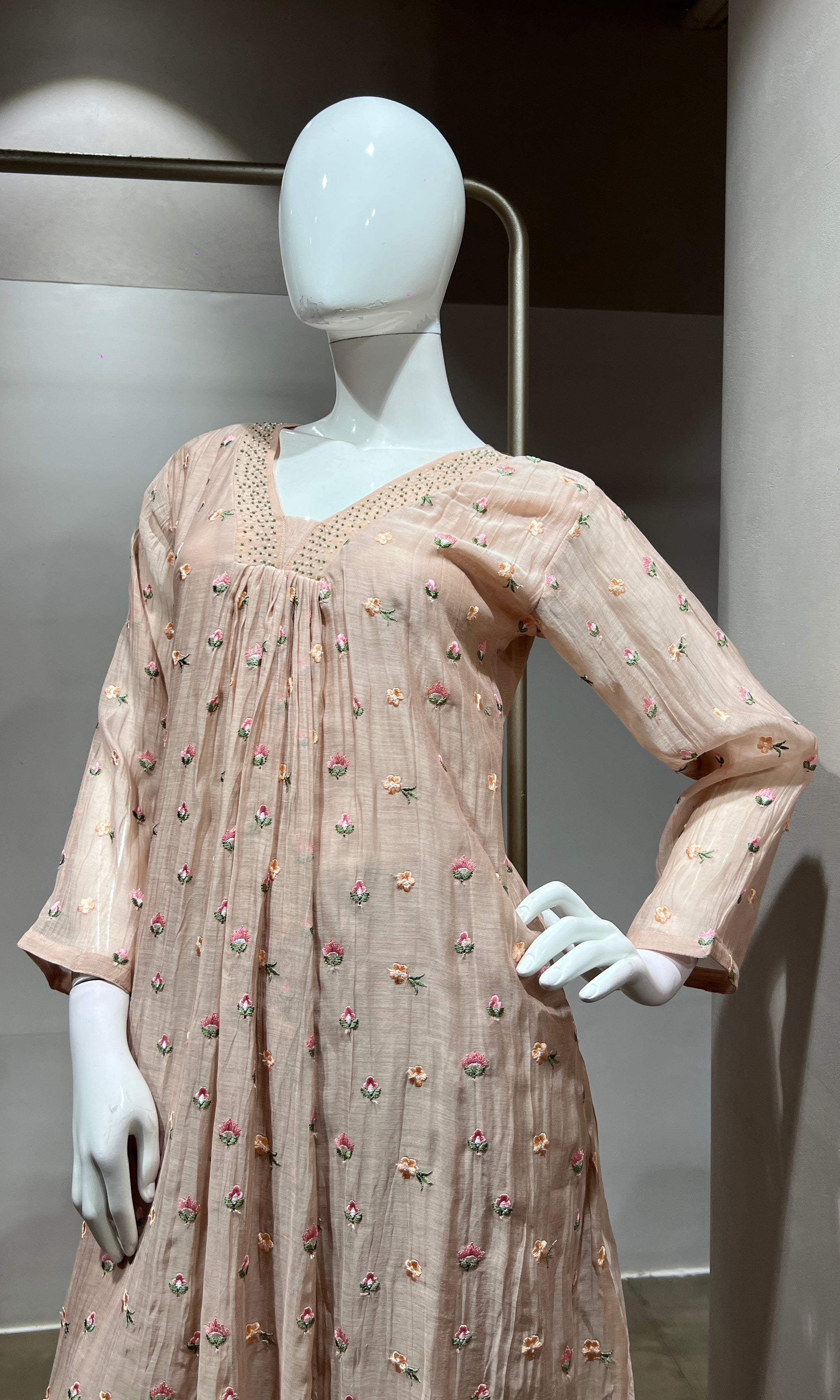 Peach Embroidered A-Line Kurta Set with Dupatta