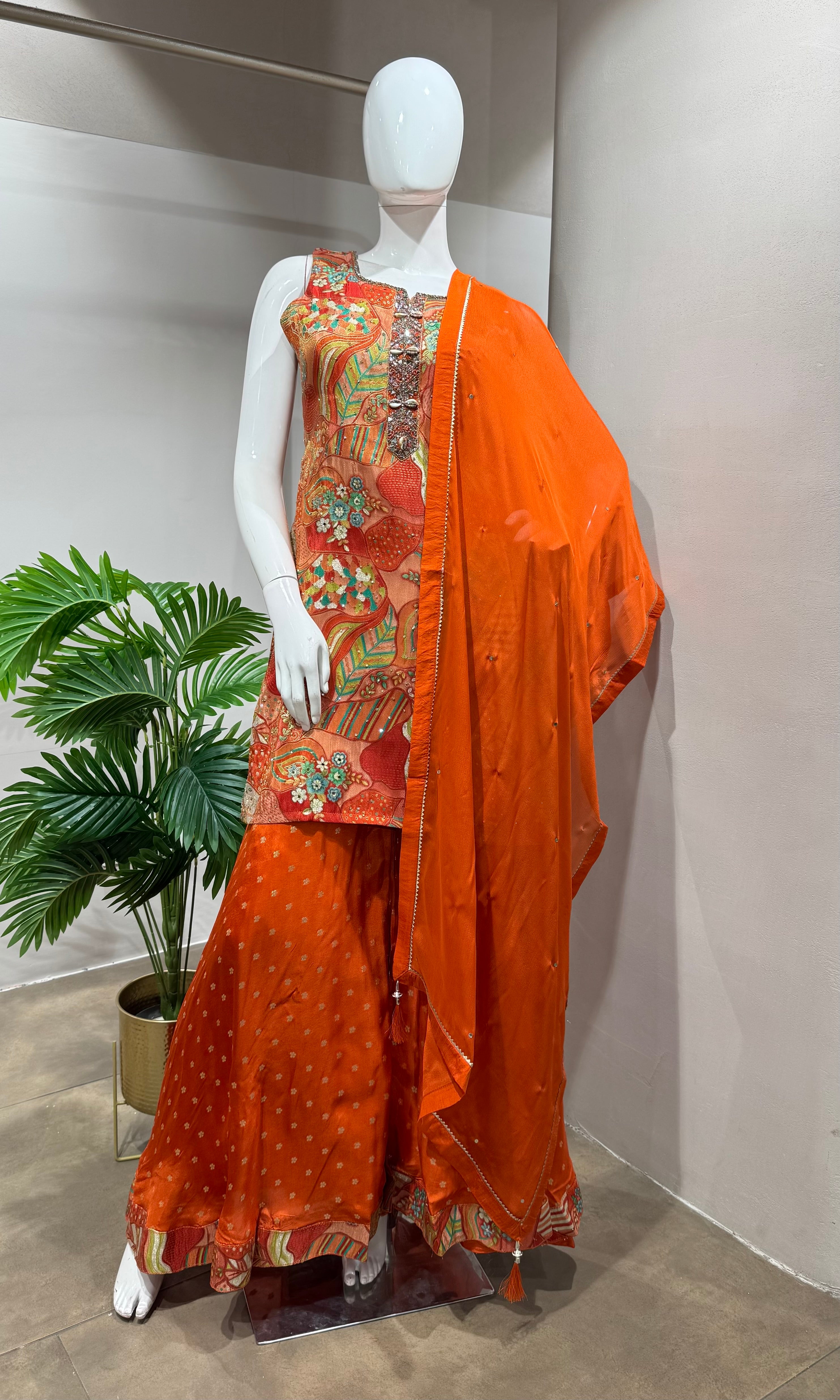 RUST Floral Printed embroidered sharara set
