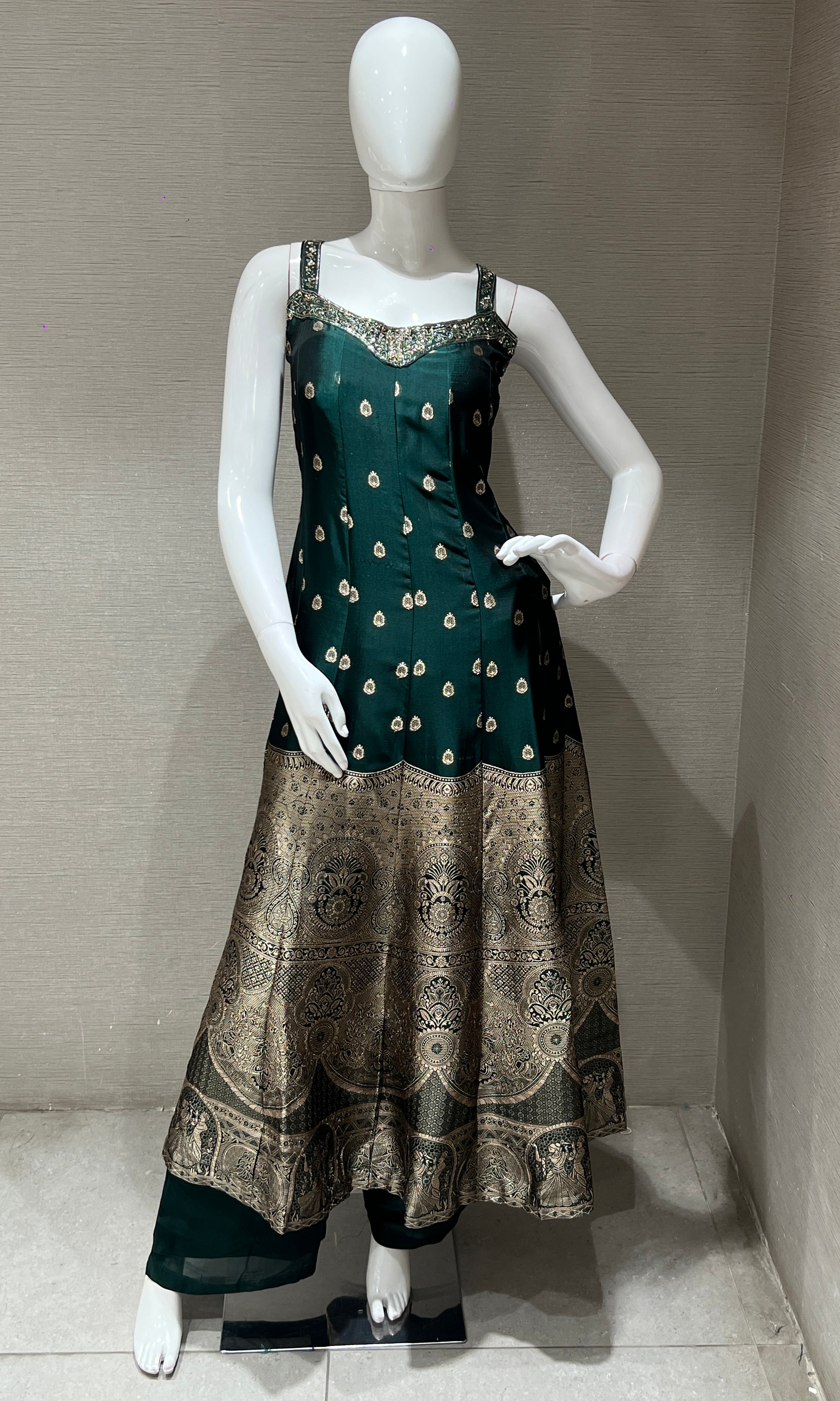 Green Anarkali with Gold Print embroidery