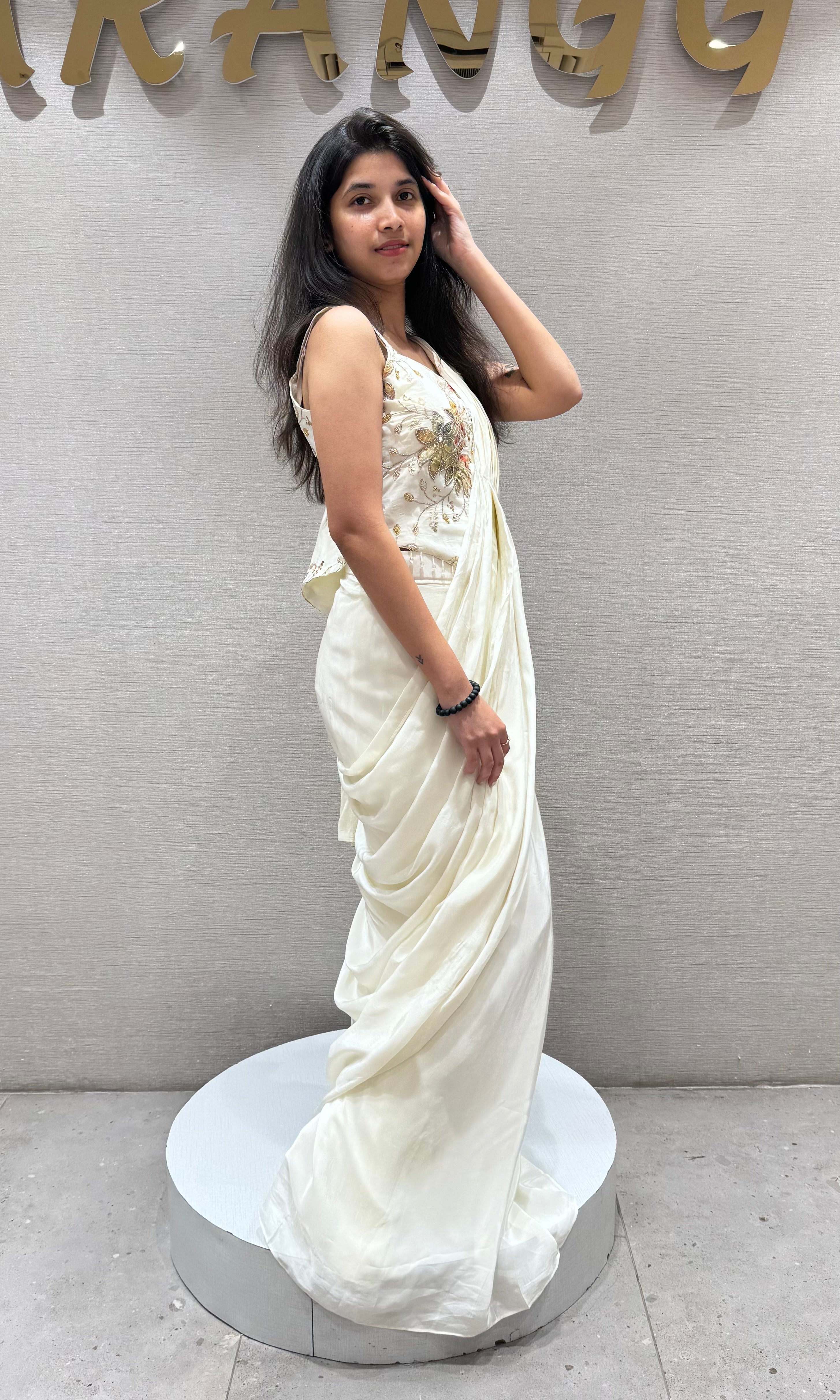 Cream drape saree WITH FLORAL BLOUSE