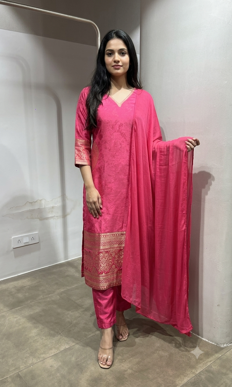 Pink Silk Kurta Set with Banarasi Border