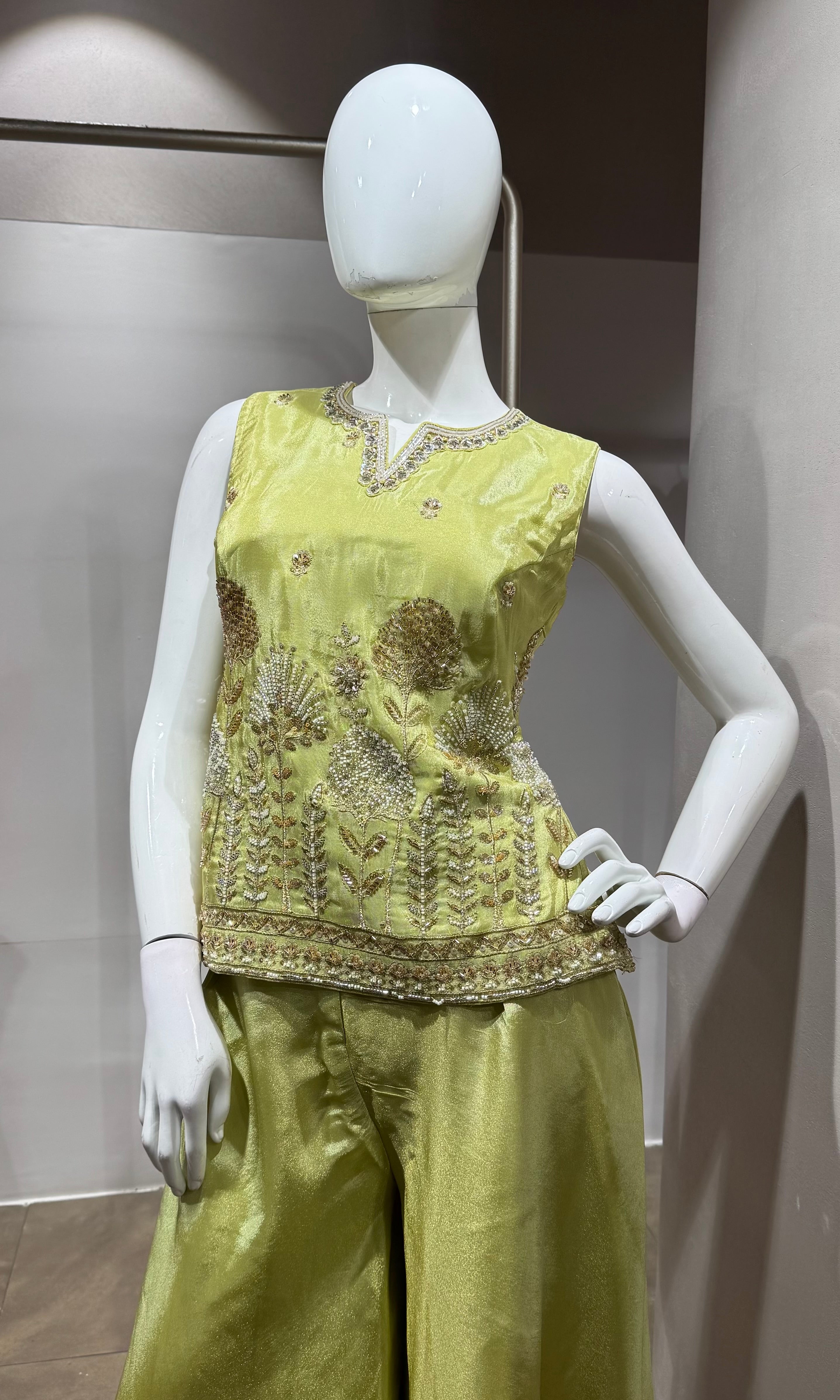 Pista green embroidered peplum palazzo set