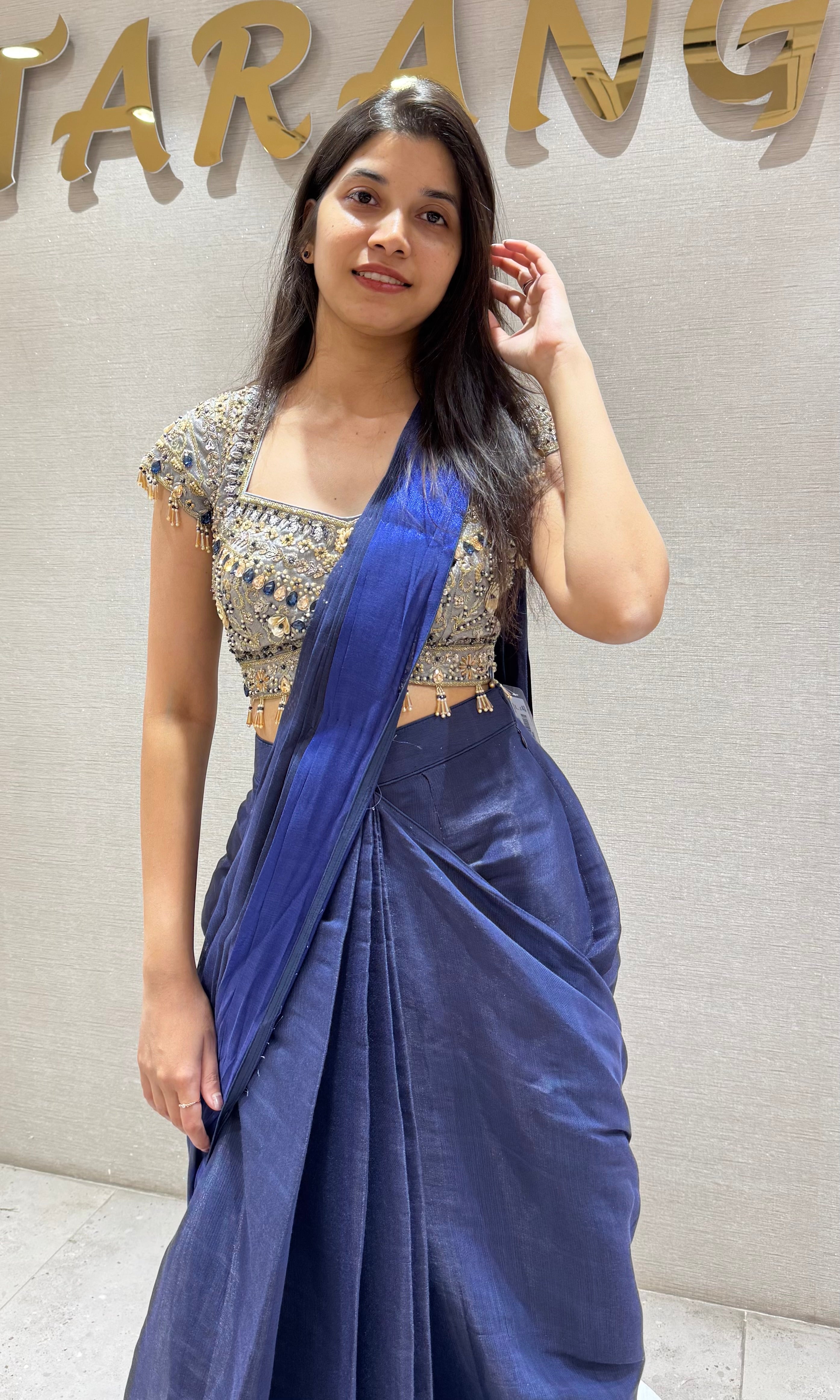Blue Drape Saree with floral blouse