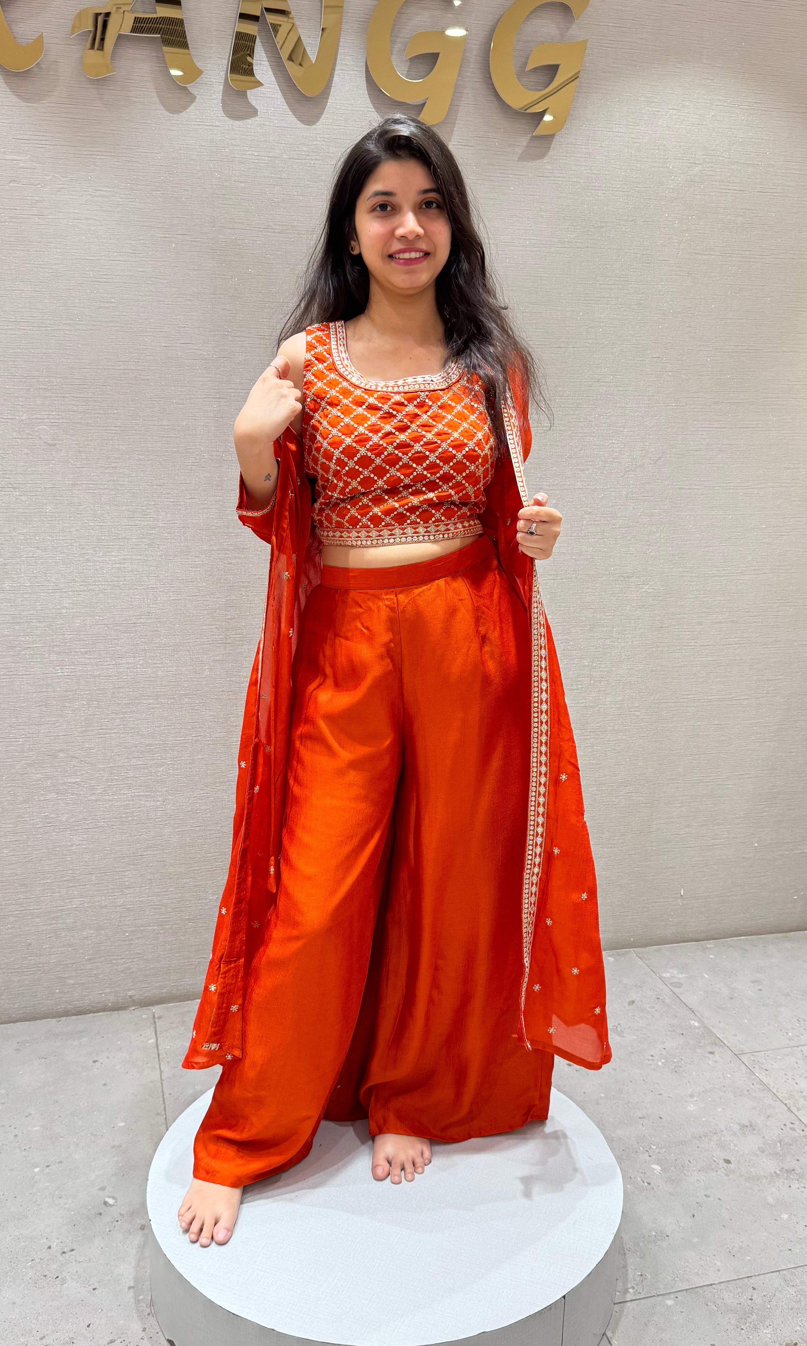 Orange EMBELLISHED CROP TOP PALAZZO SET