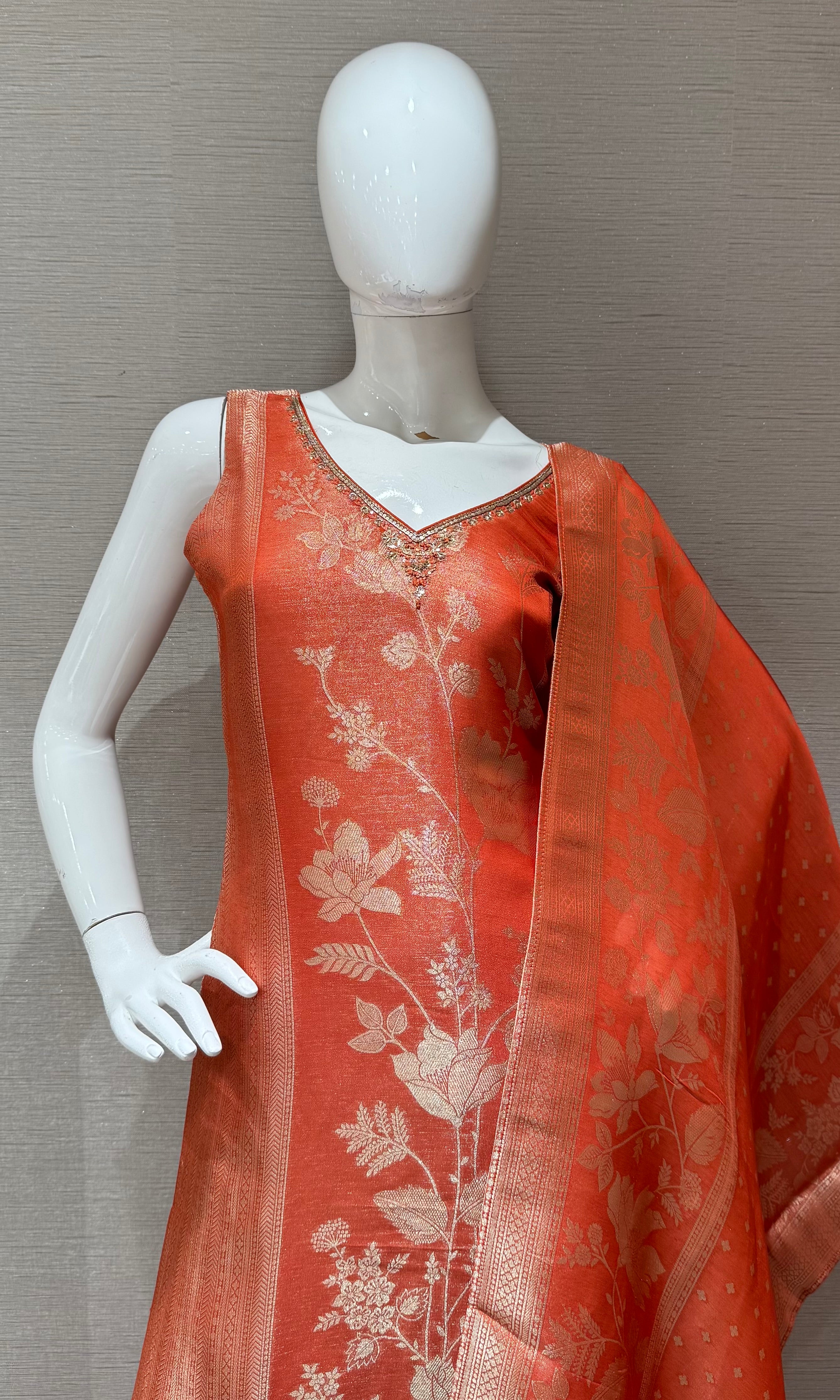 Orange golden floral Brocade Kurta Set