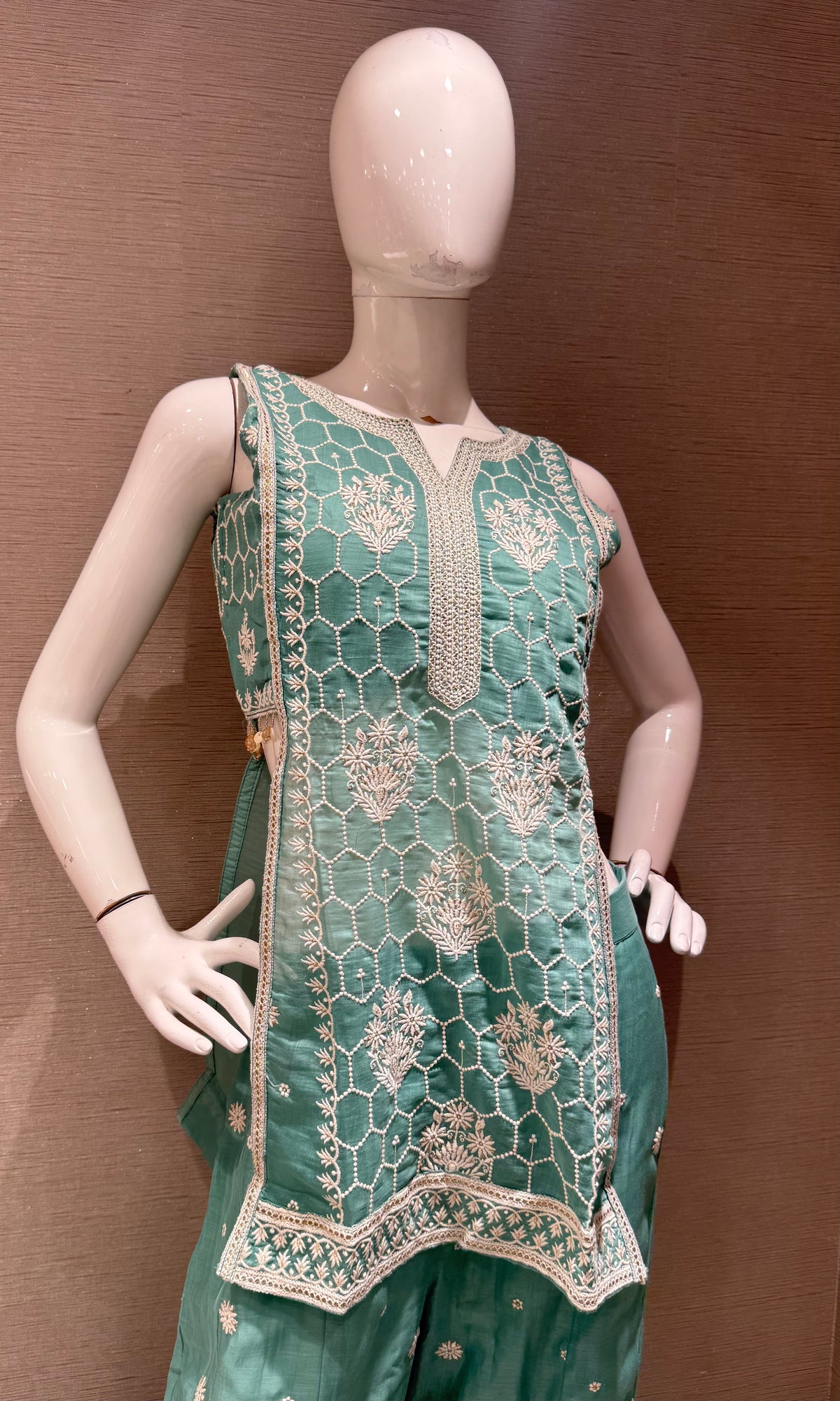 Sea green Floral Embroidered Palazzo with Sheer Dupatta
