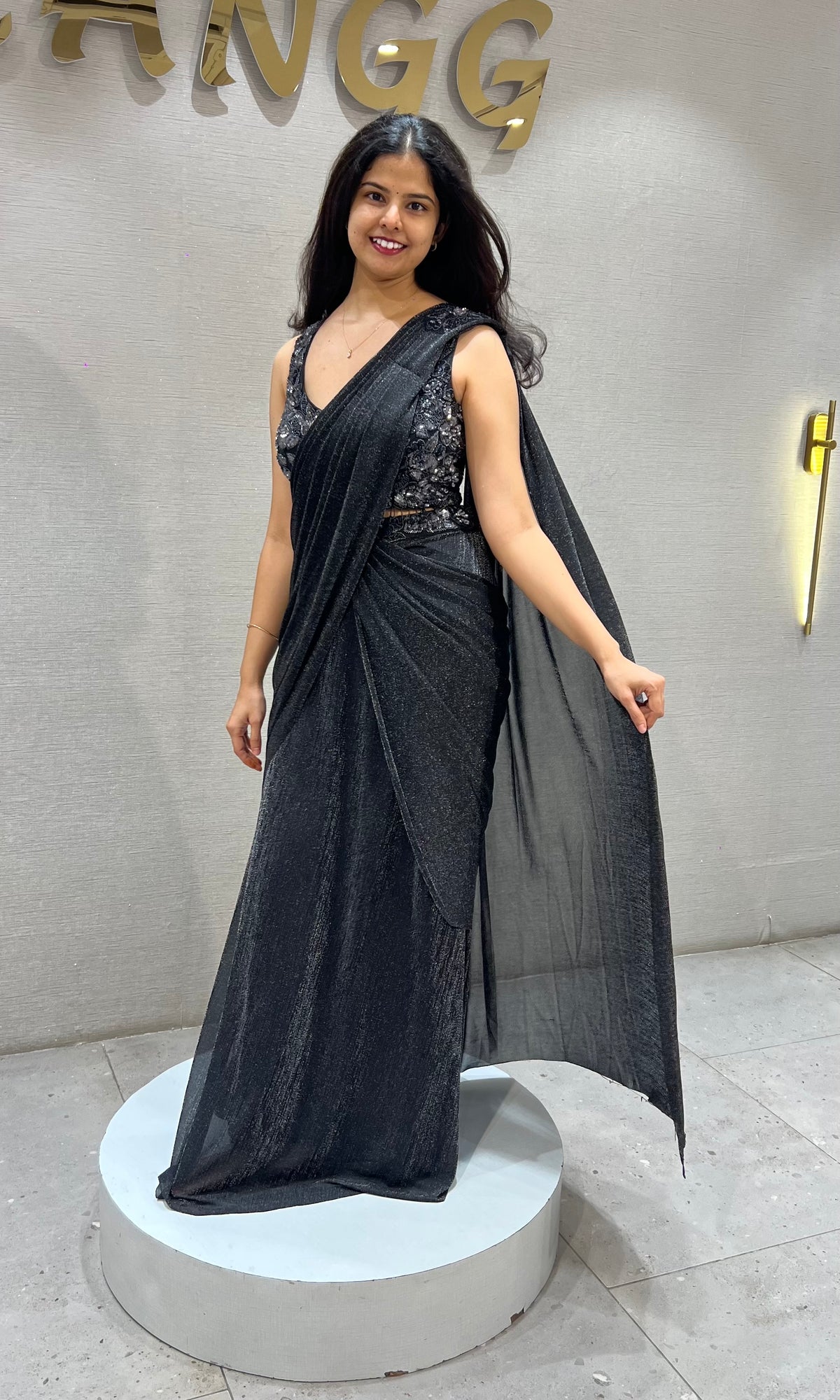Black Shimmer Georgette Drape Saree with Velvet Blouse
