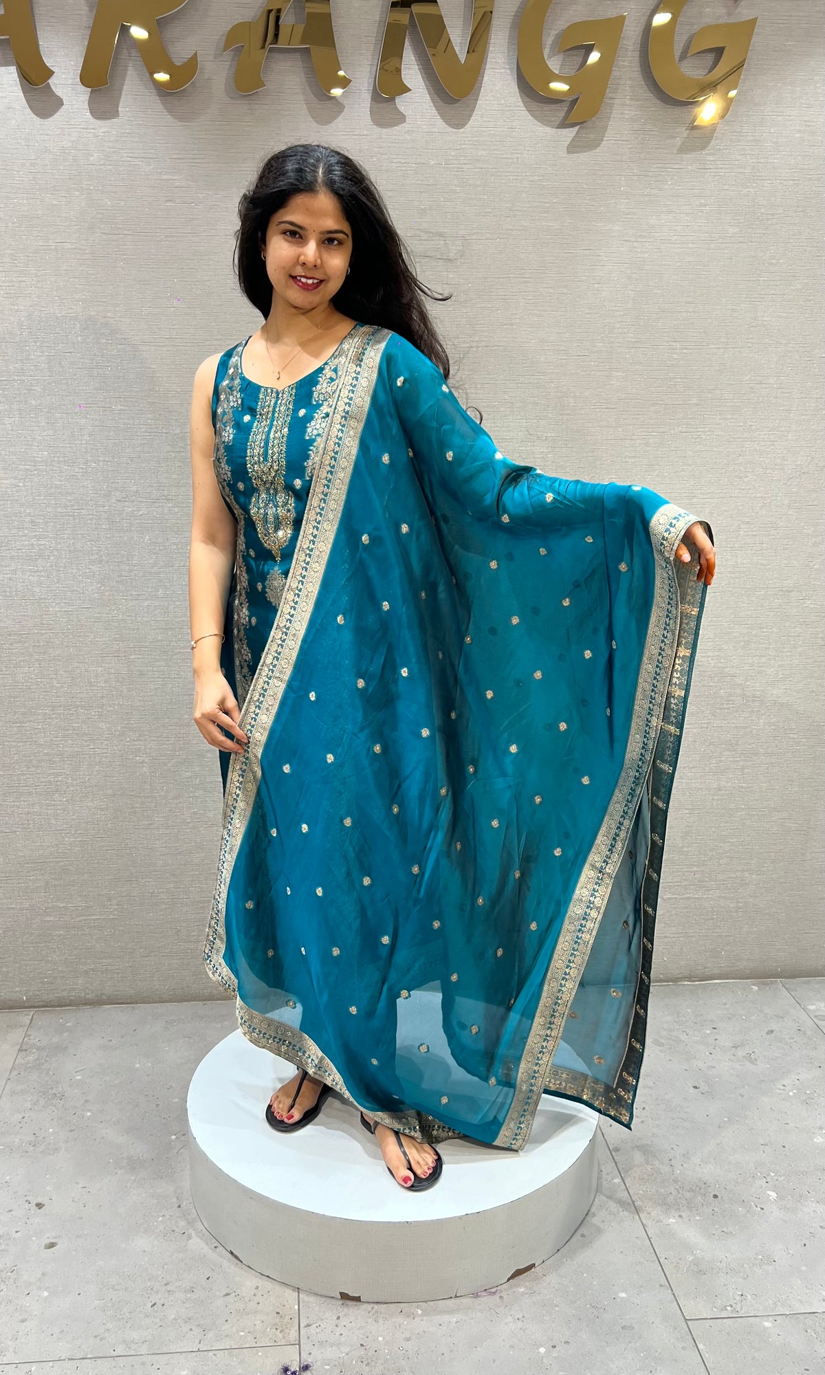 Peacock Blue & Golden silk Ethnic Kurta set with Dupatta
