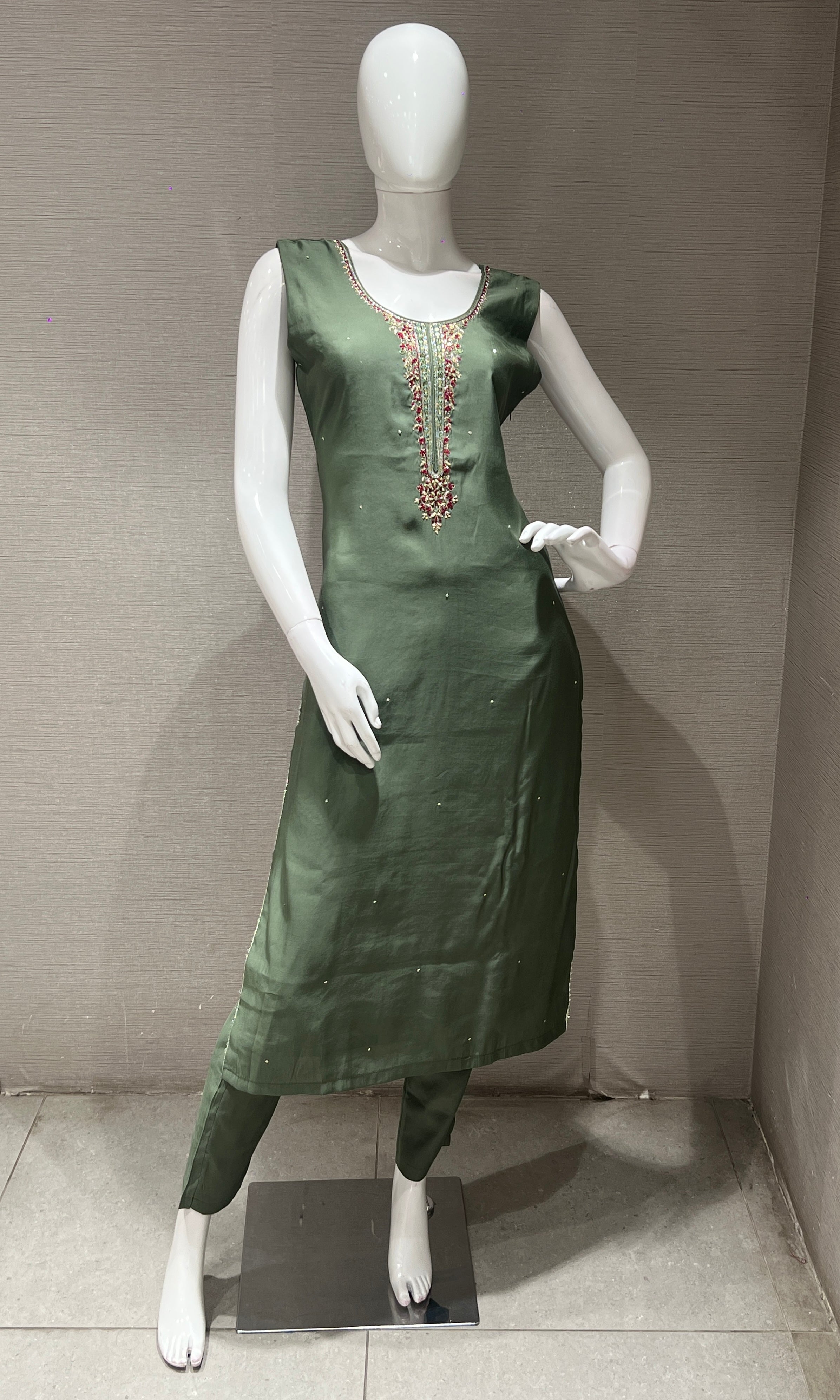 Green Embroidered Kurta Set with Woven Dupatta