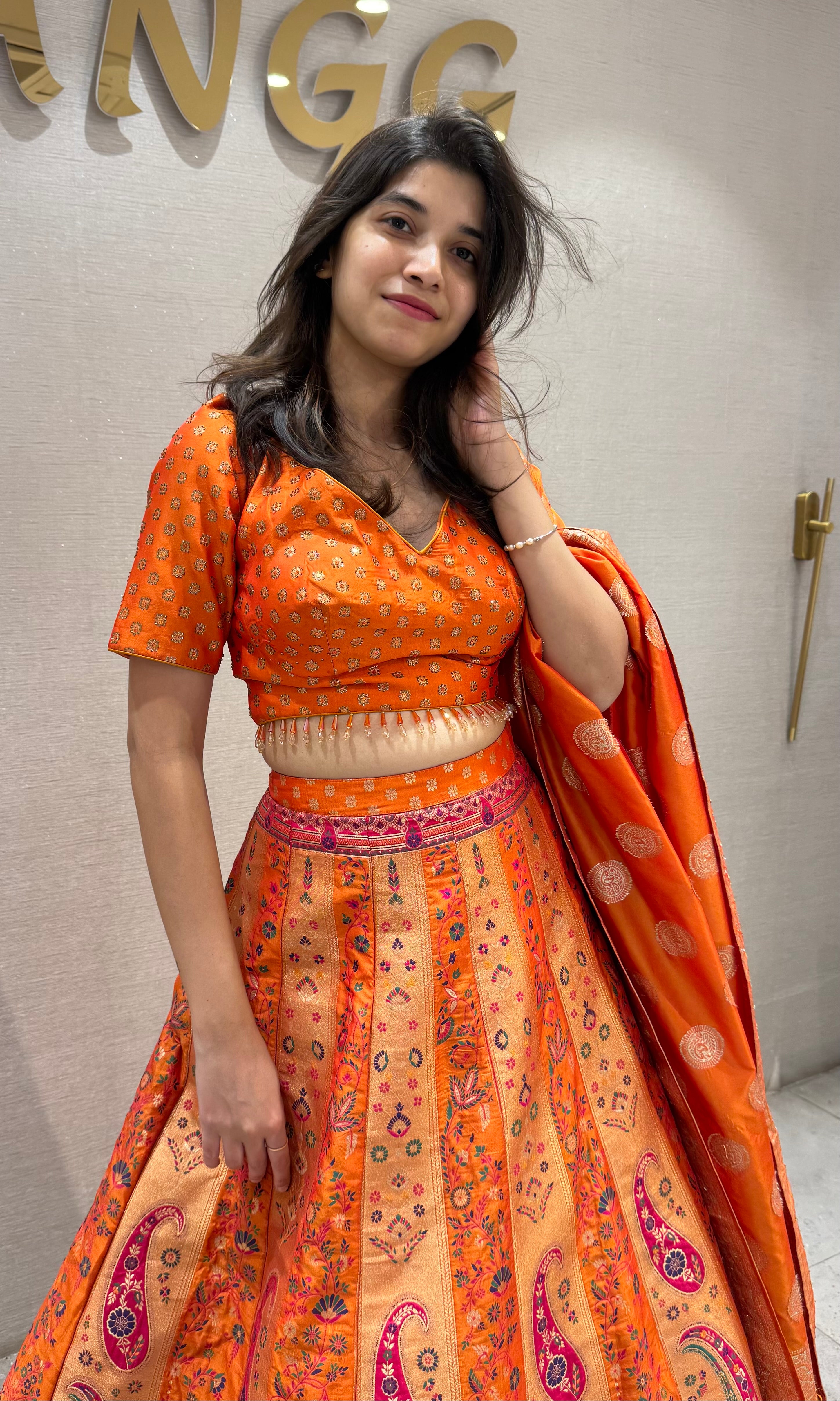 Sunset Orange Banarasi Silk Lehenga