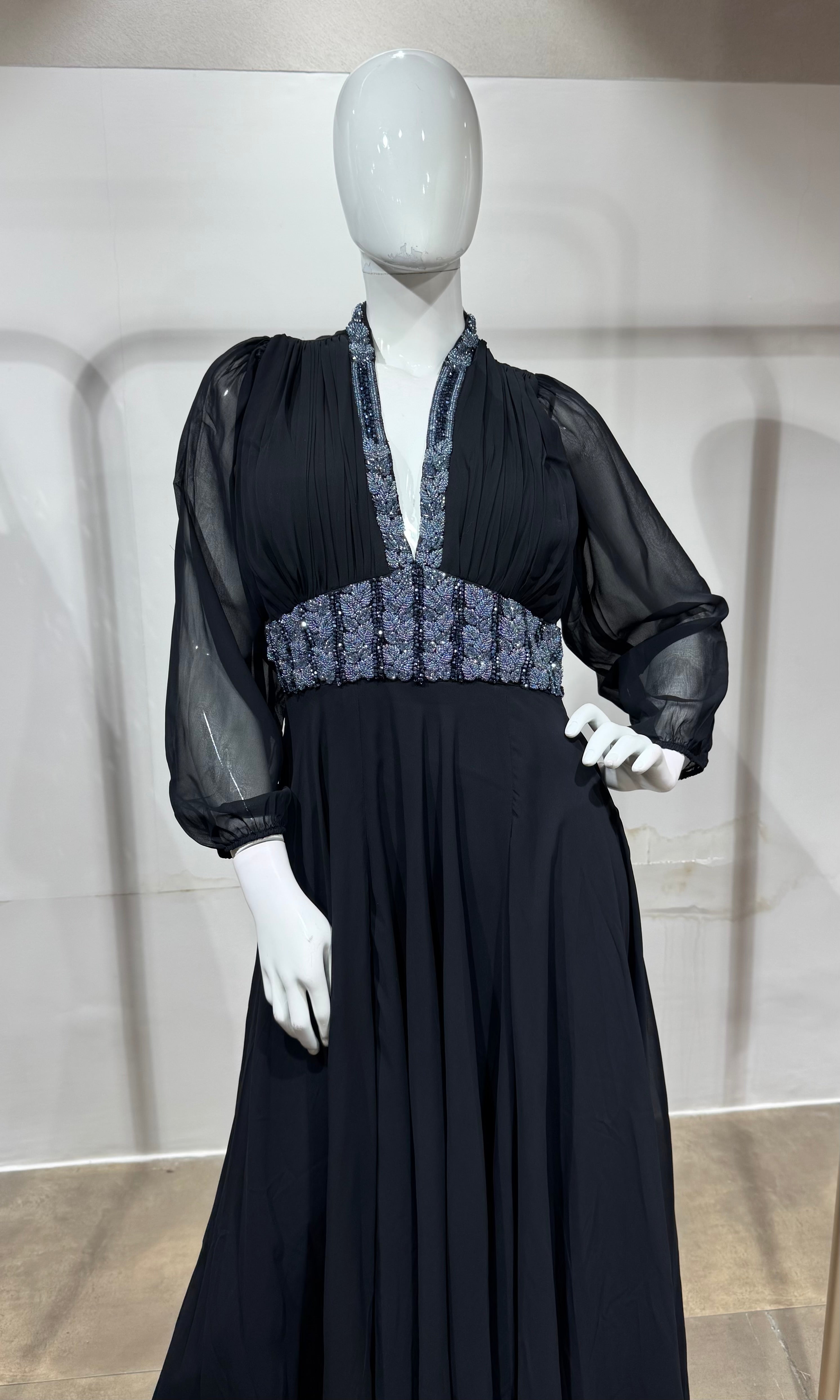Black Georgette Gown with Silver Embroidery