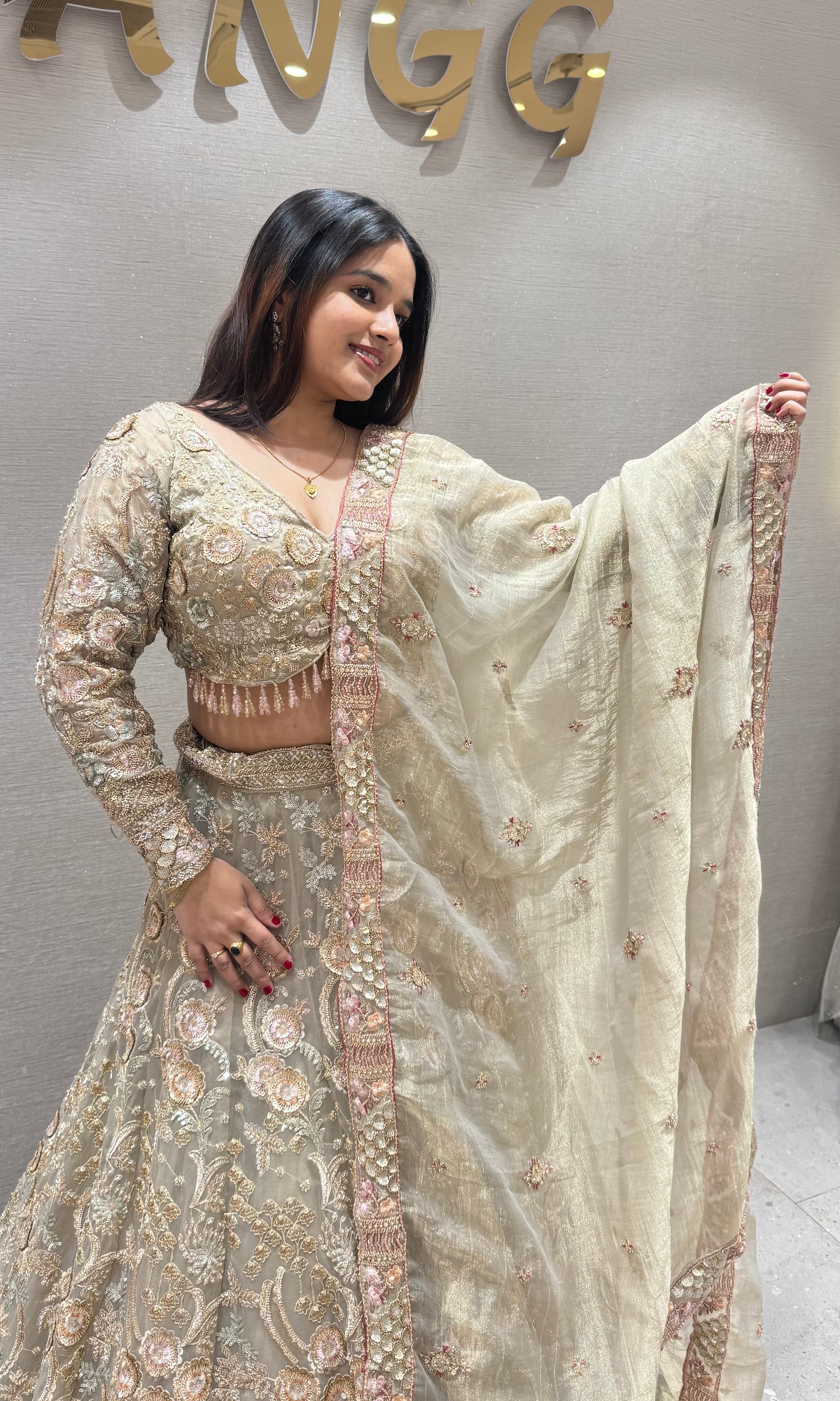 Sage green gold zardosi work lehenga