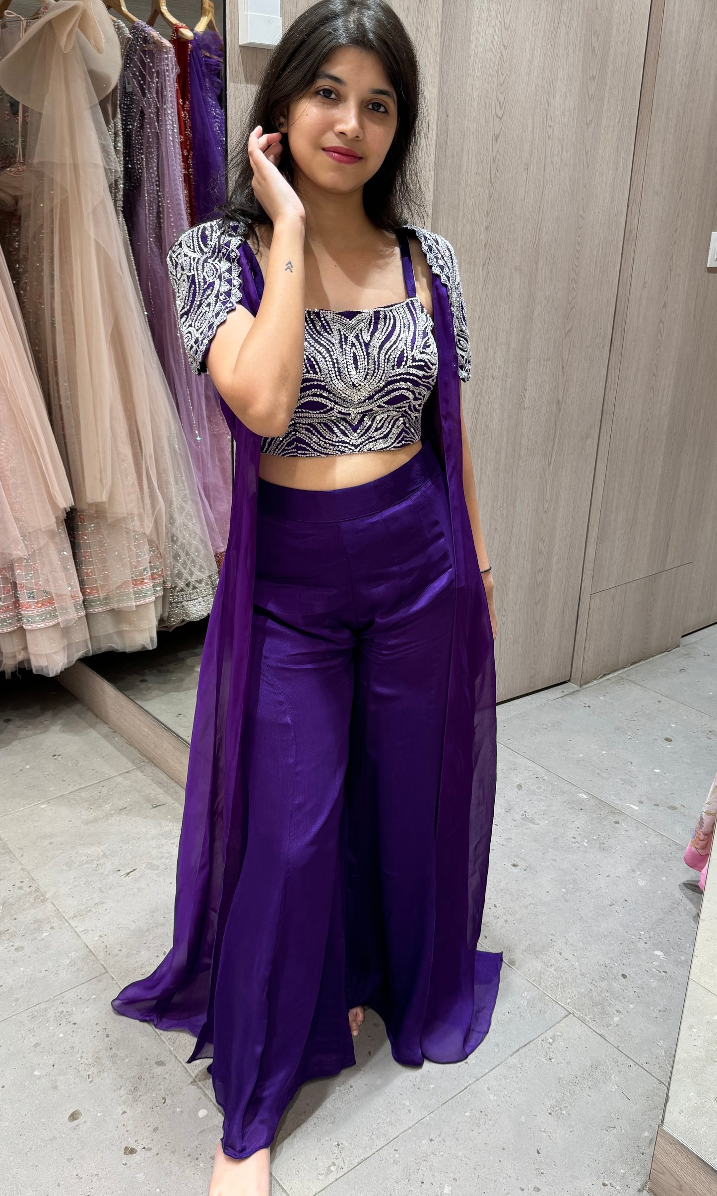 💜Purple 3 piece Indo western long dress, cope, blouse and flared pants💐