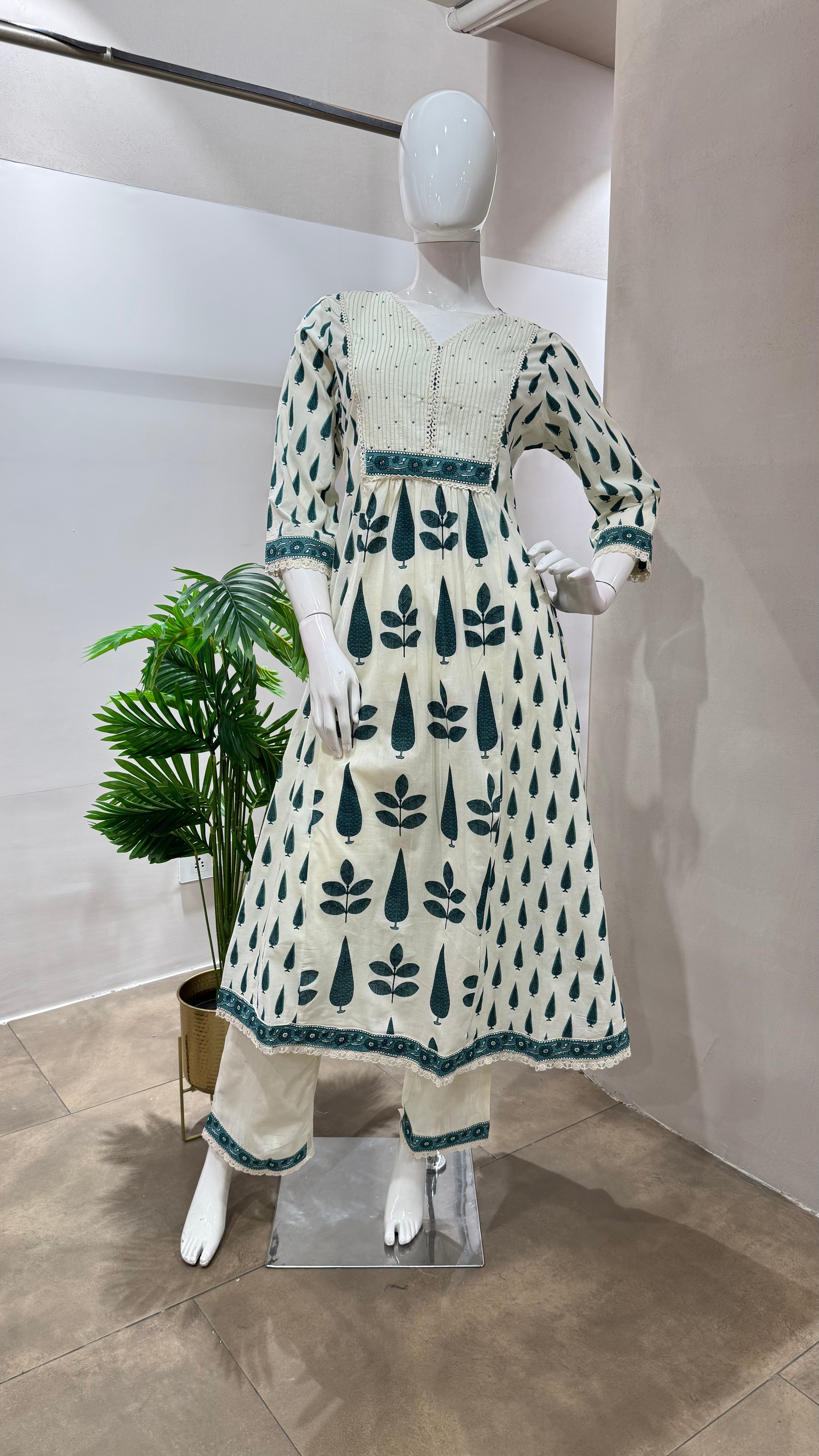 GREEN and white ethnic printed anarkali set