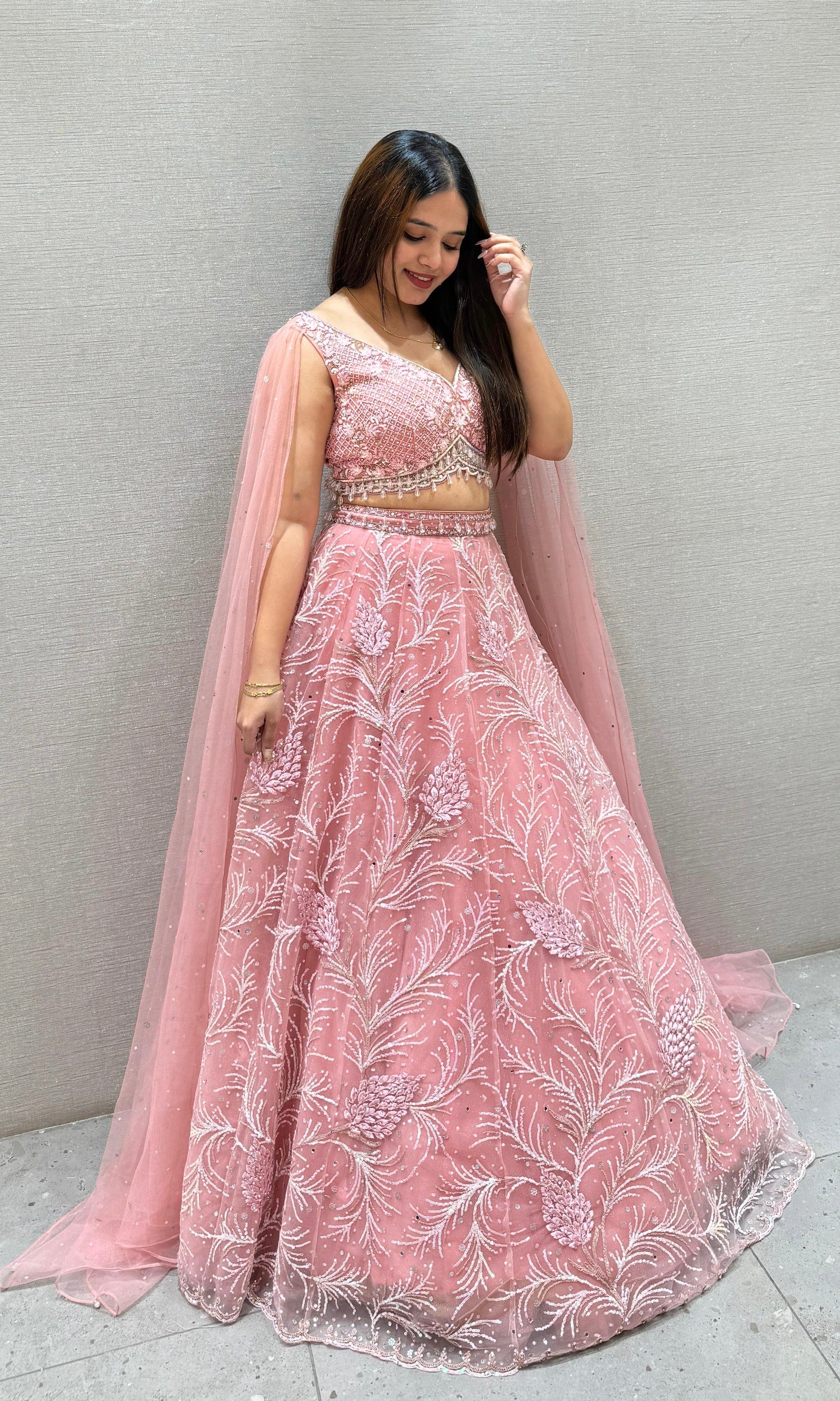 Peach butterflies sleeves Lehenga