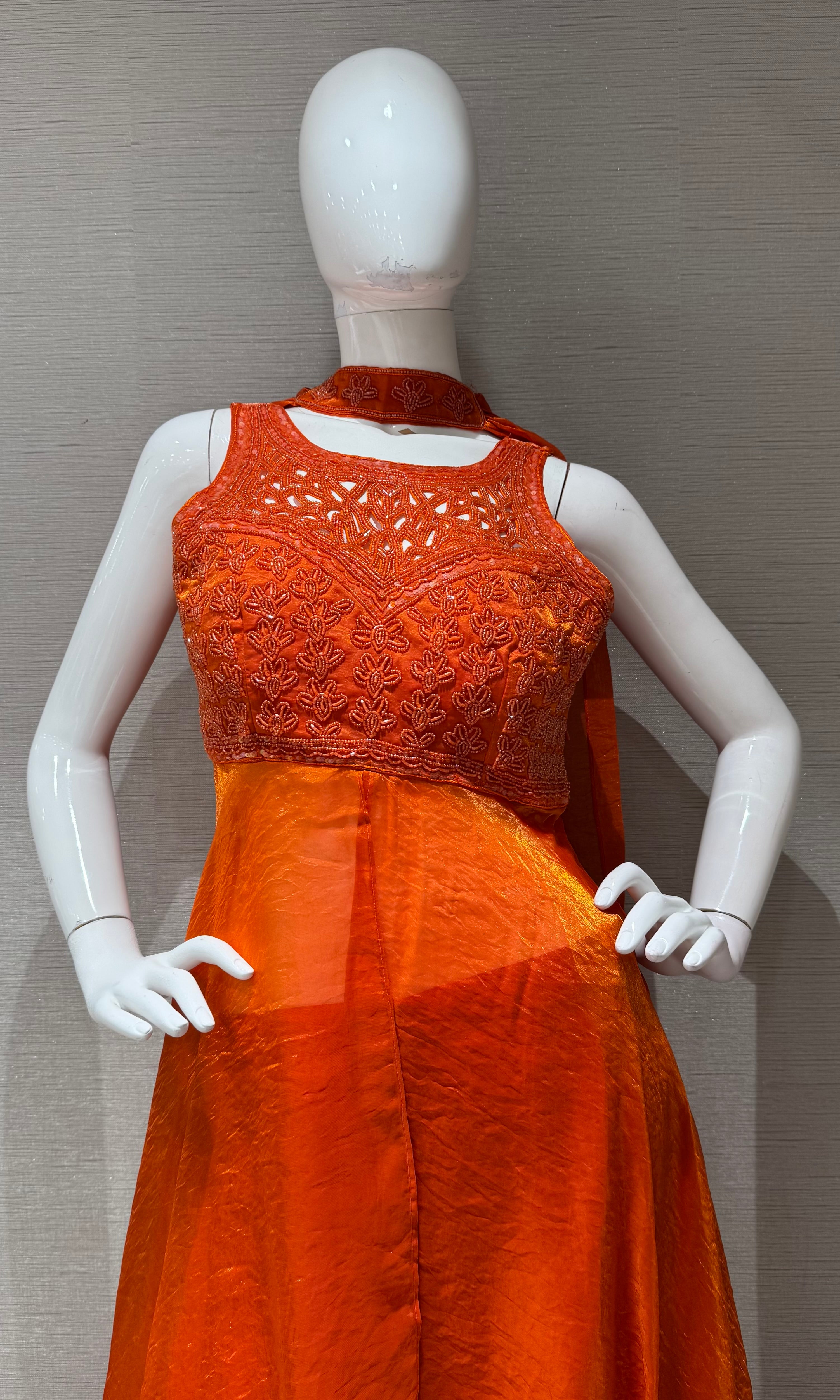Rust Embroidered front slit anarkali with palazzo pants