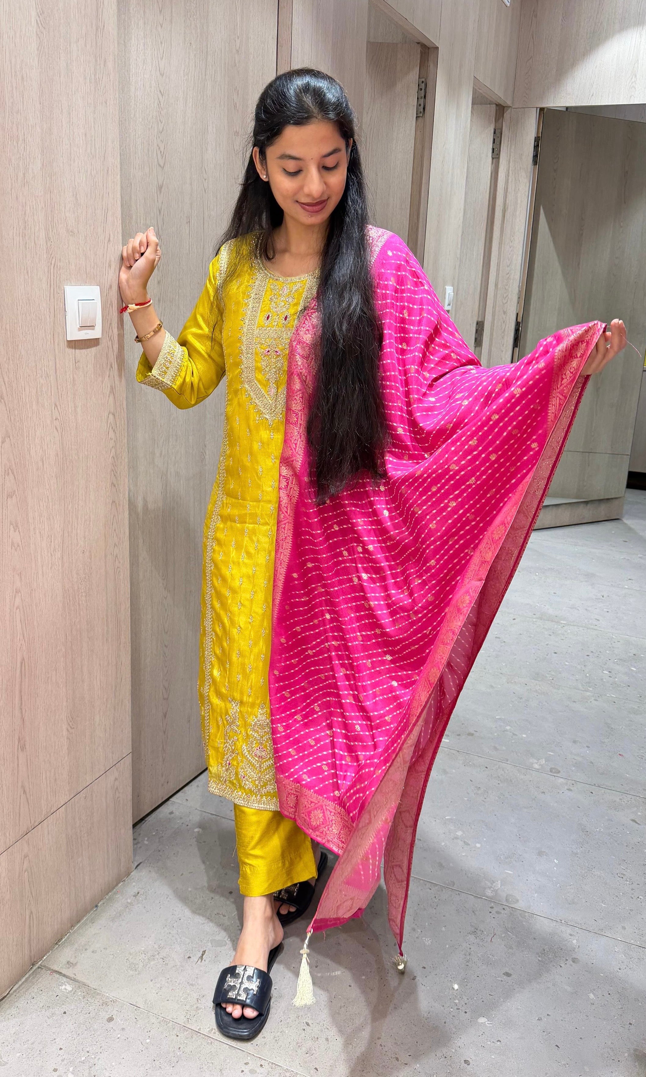Yellow kurta set WITH CONTRAST PINK DUPATTA