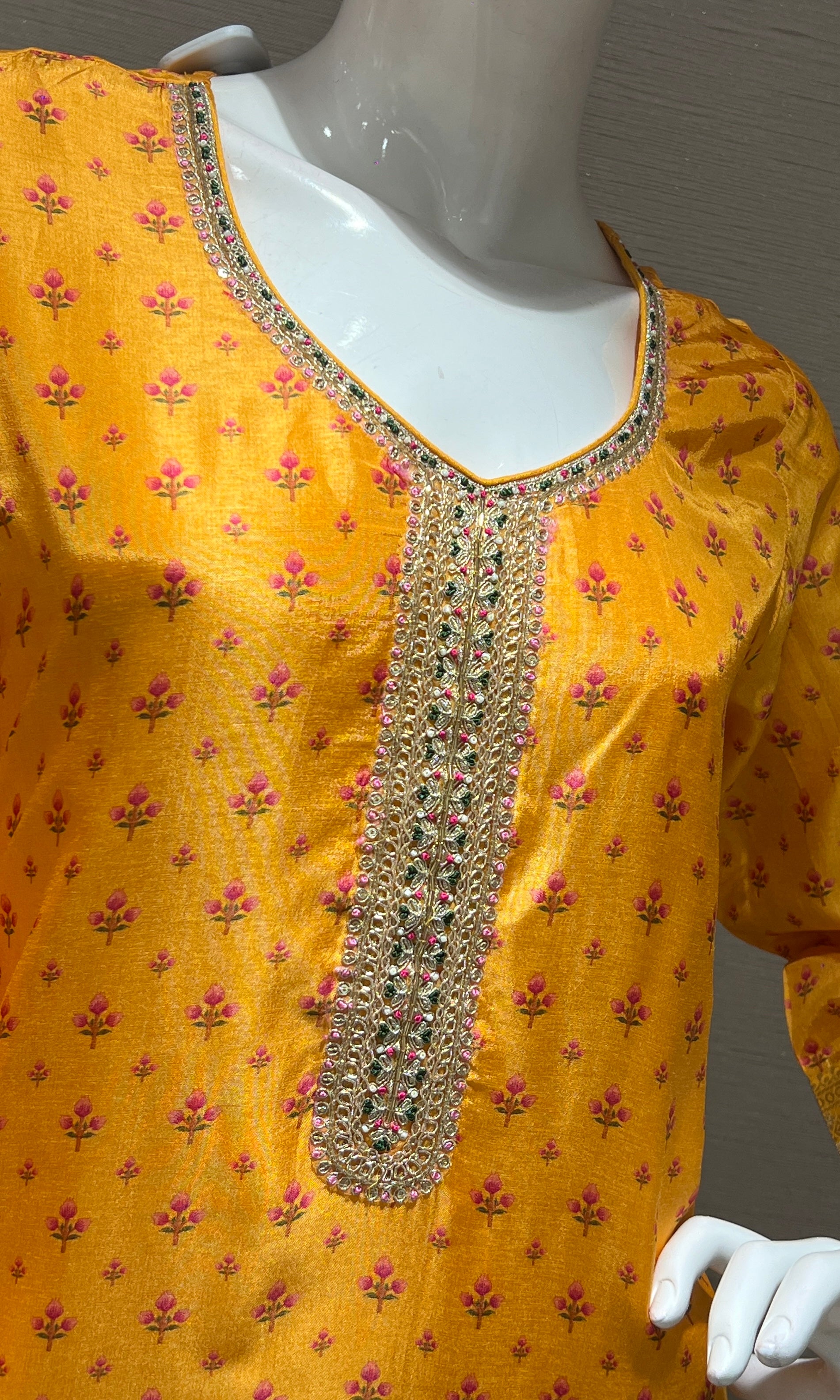 yellow embroidered printed kurta set