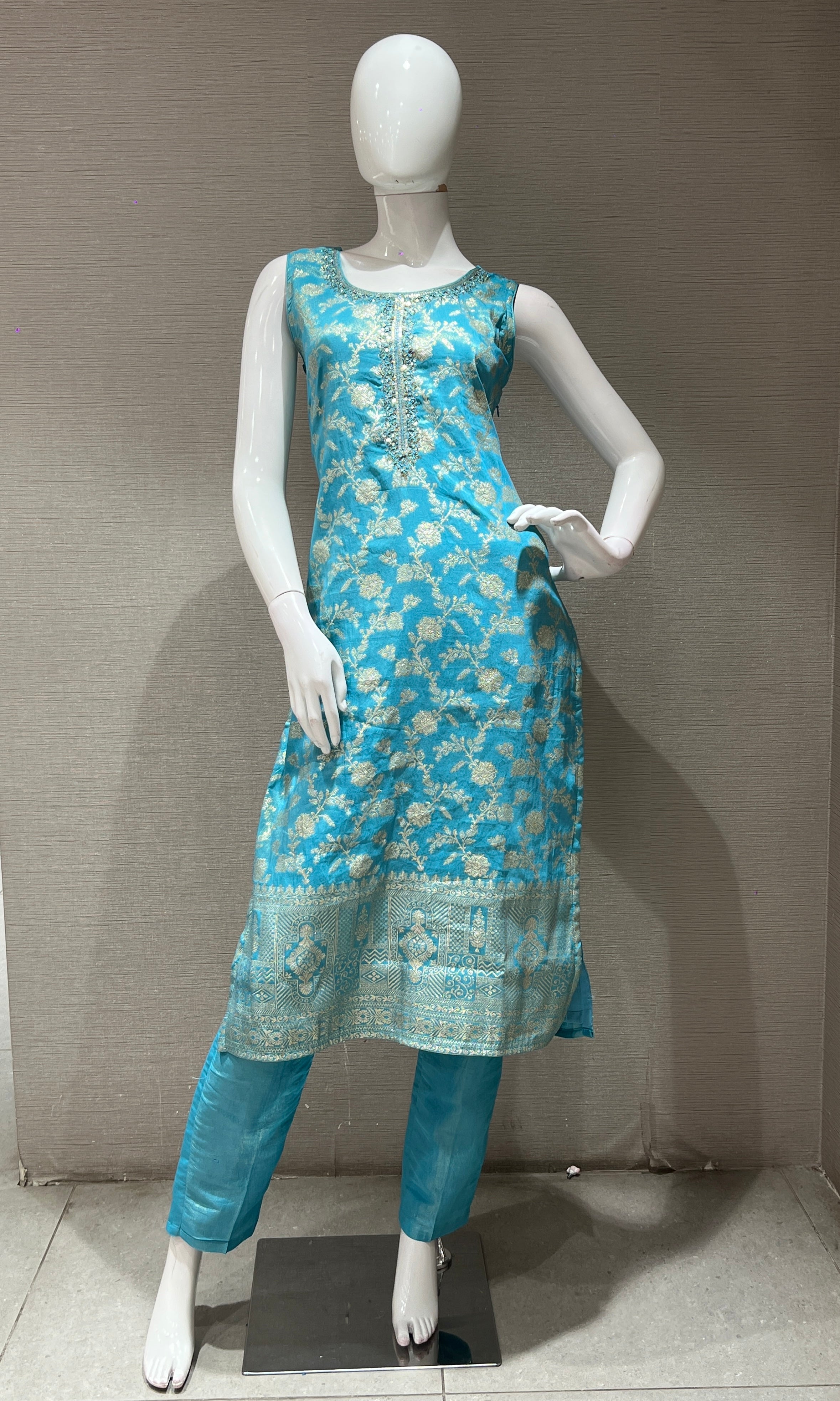 Sea blue golden embroidered kurta set
