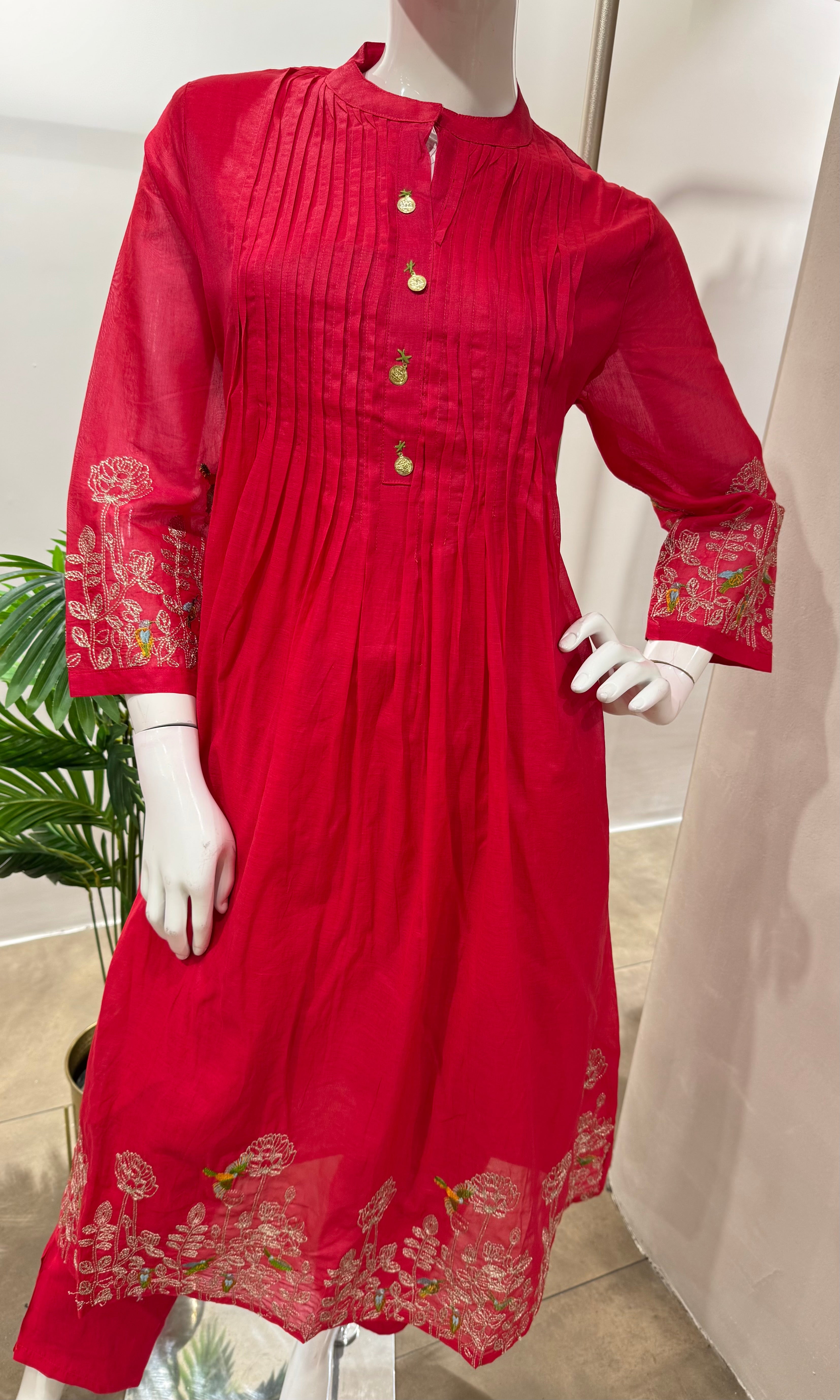 PINK FLORAL MUL CHANDERI KURTA SET