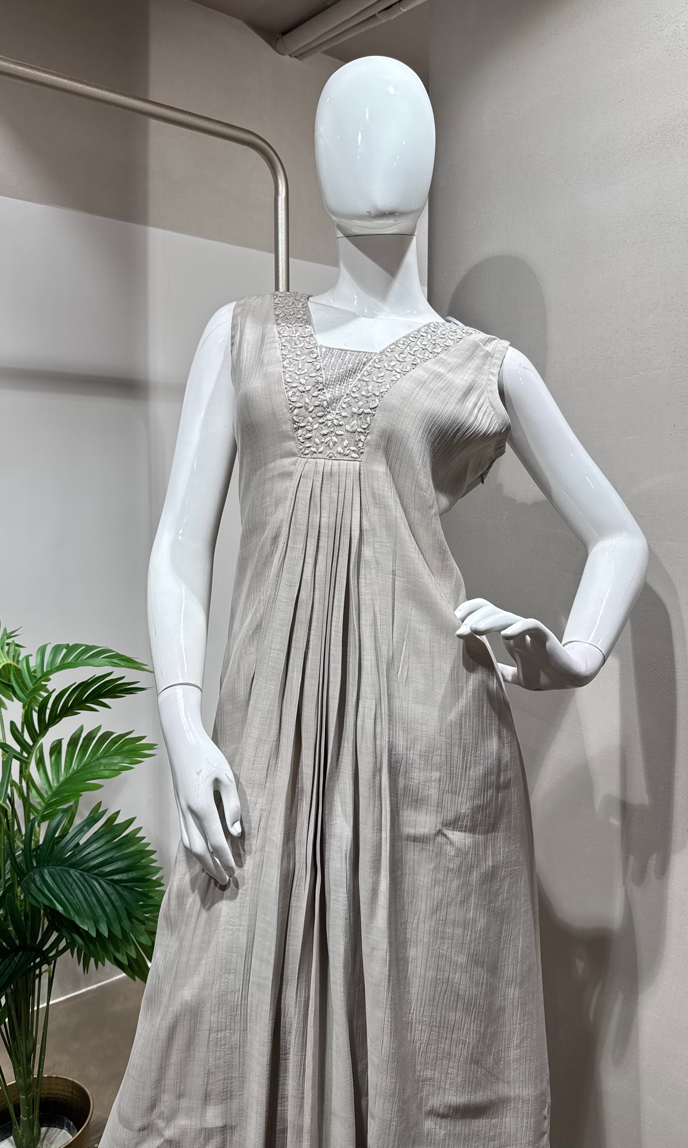 grey embroidered a line kurta set