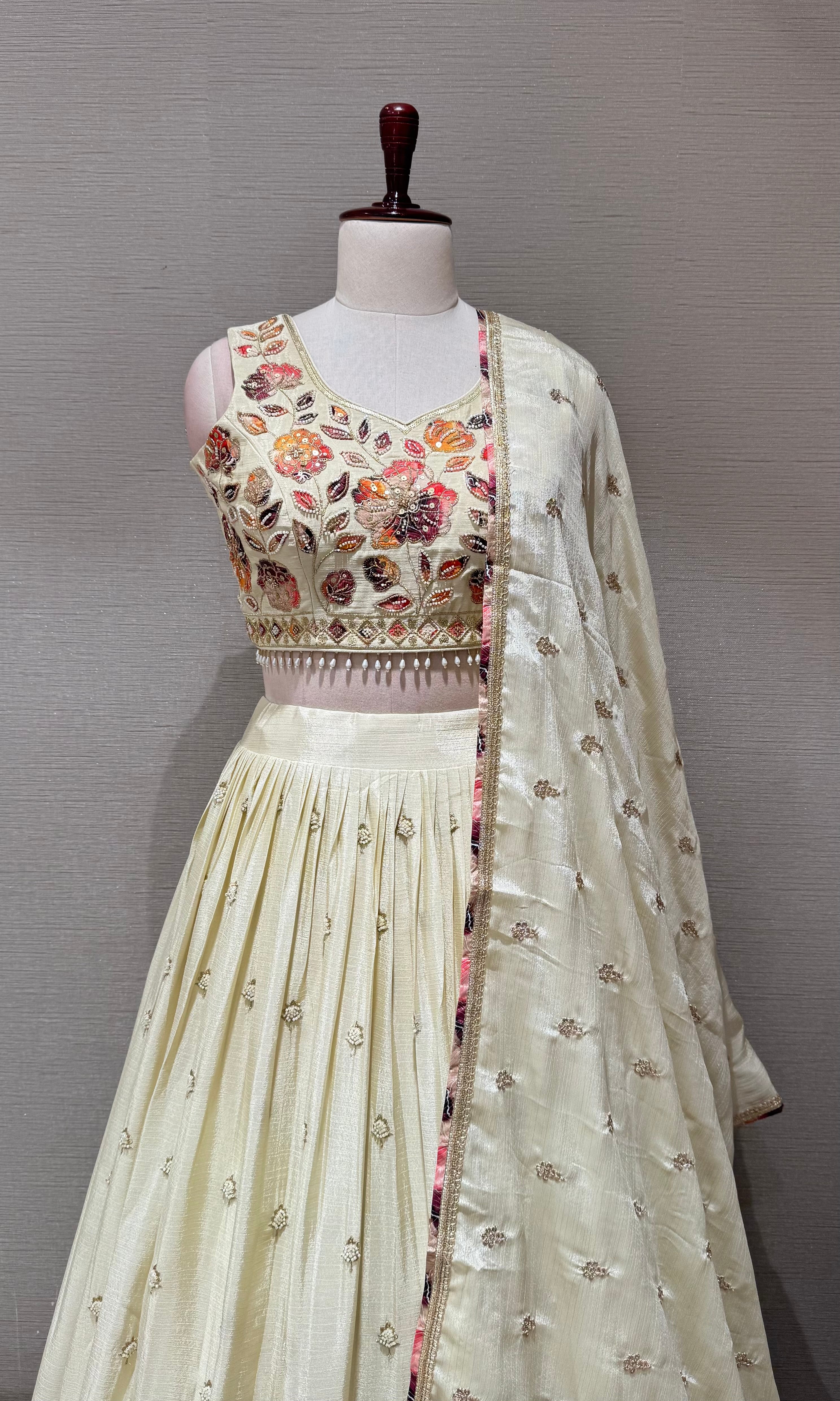 Cream Tissue silk Multi Floral Crop Top Lehenga set