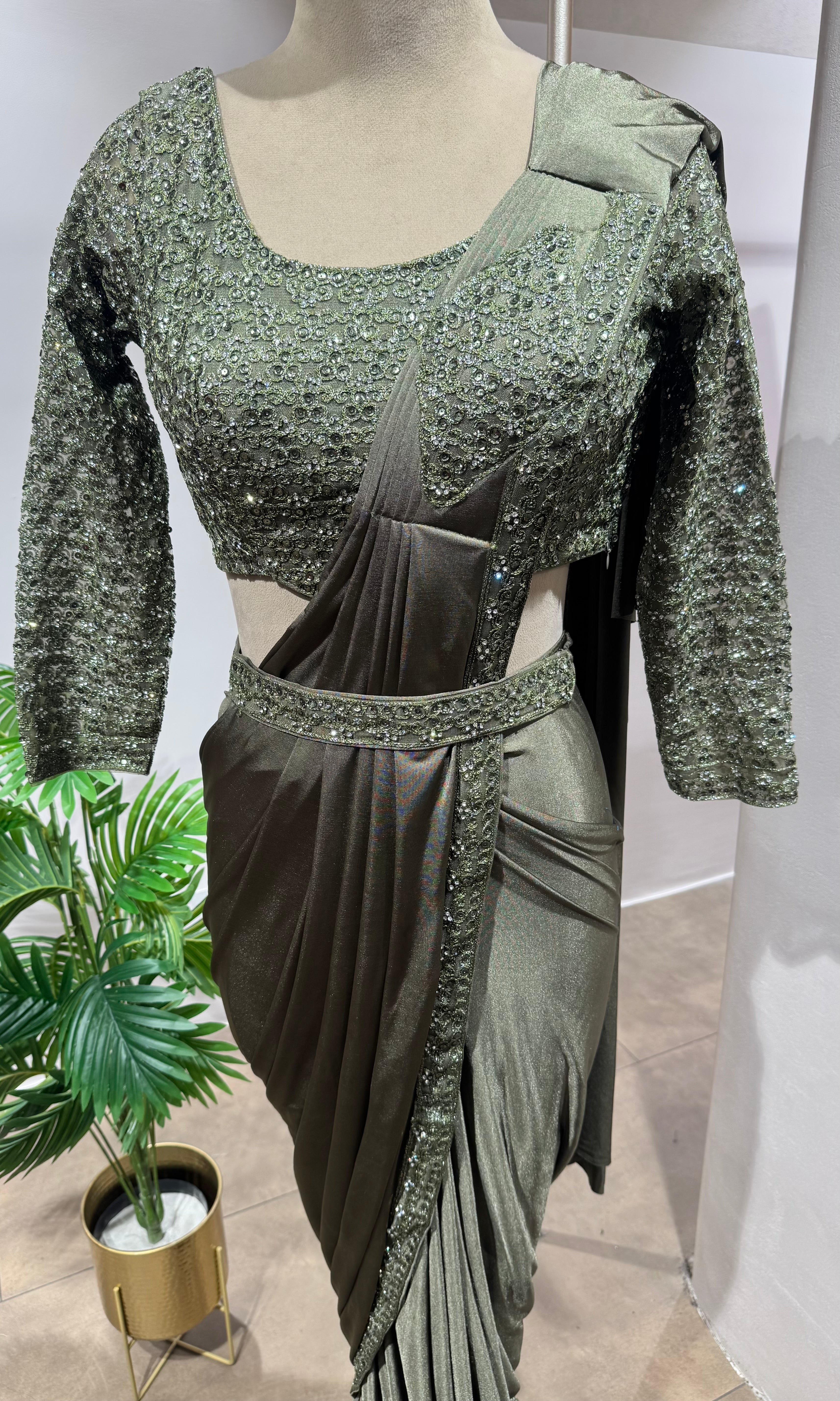GREEN DRAPE SAREE WITH BLOUSE & BELT