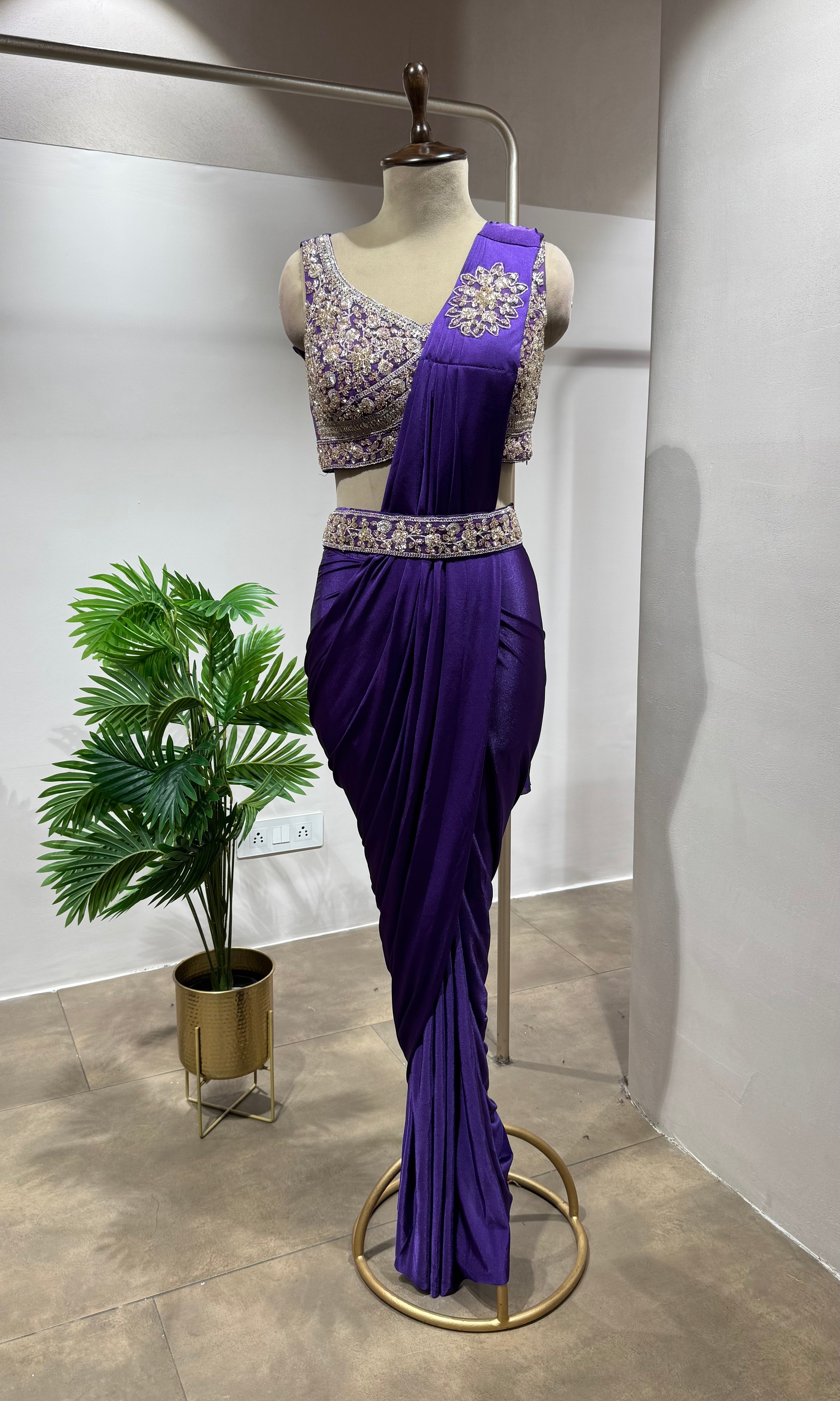 PURPLE DRAPE SAREE WITH BLOUSE & BELT