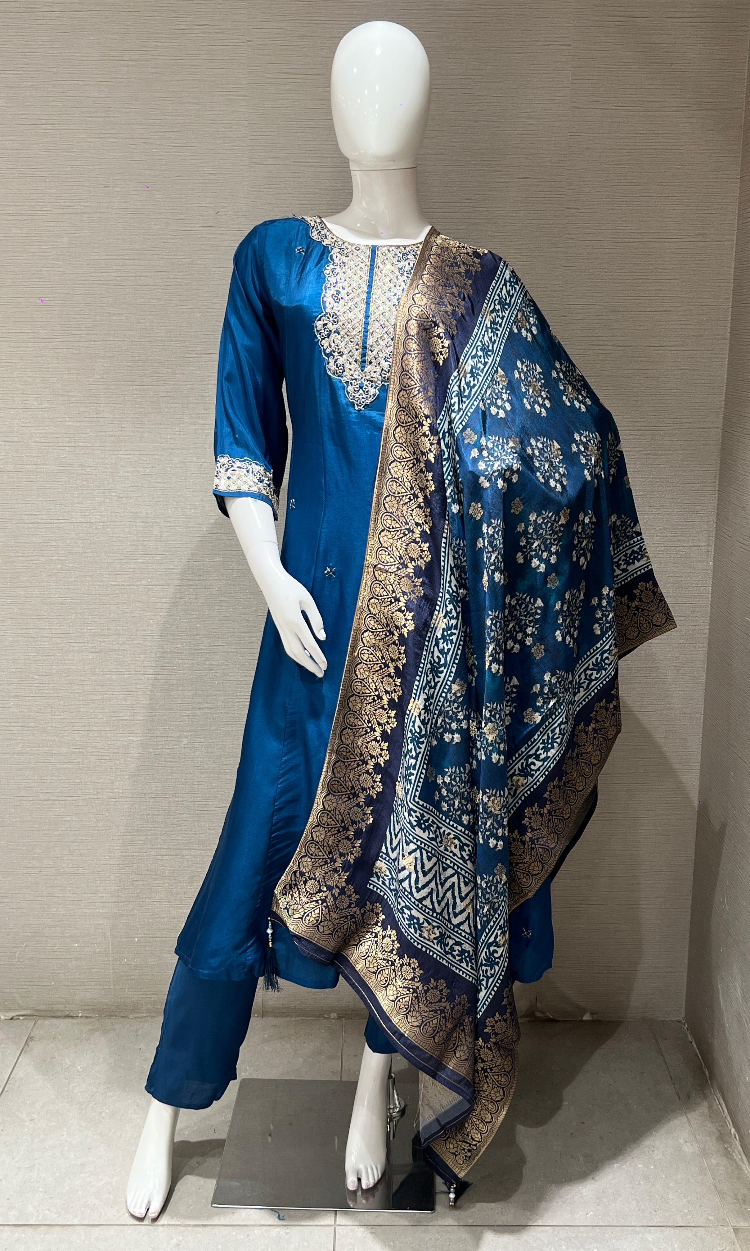 Blue Golden Embroidered Kurta Set