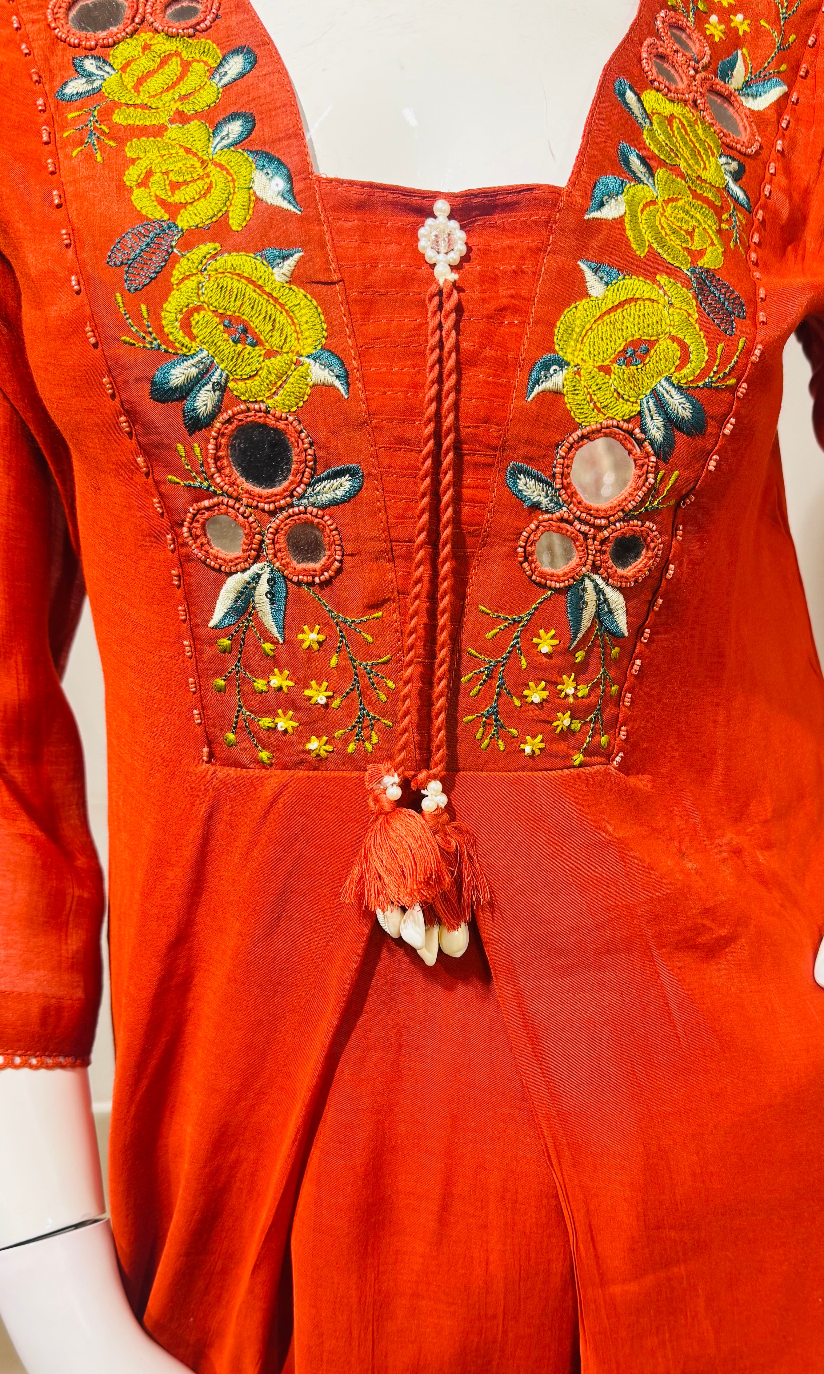 Rust Ethnic Kurta Set with Multicolored Neckline