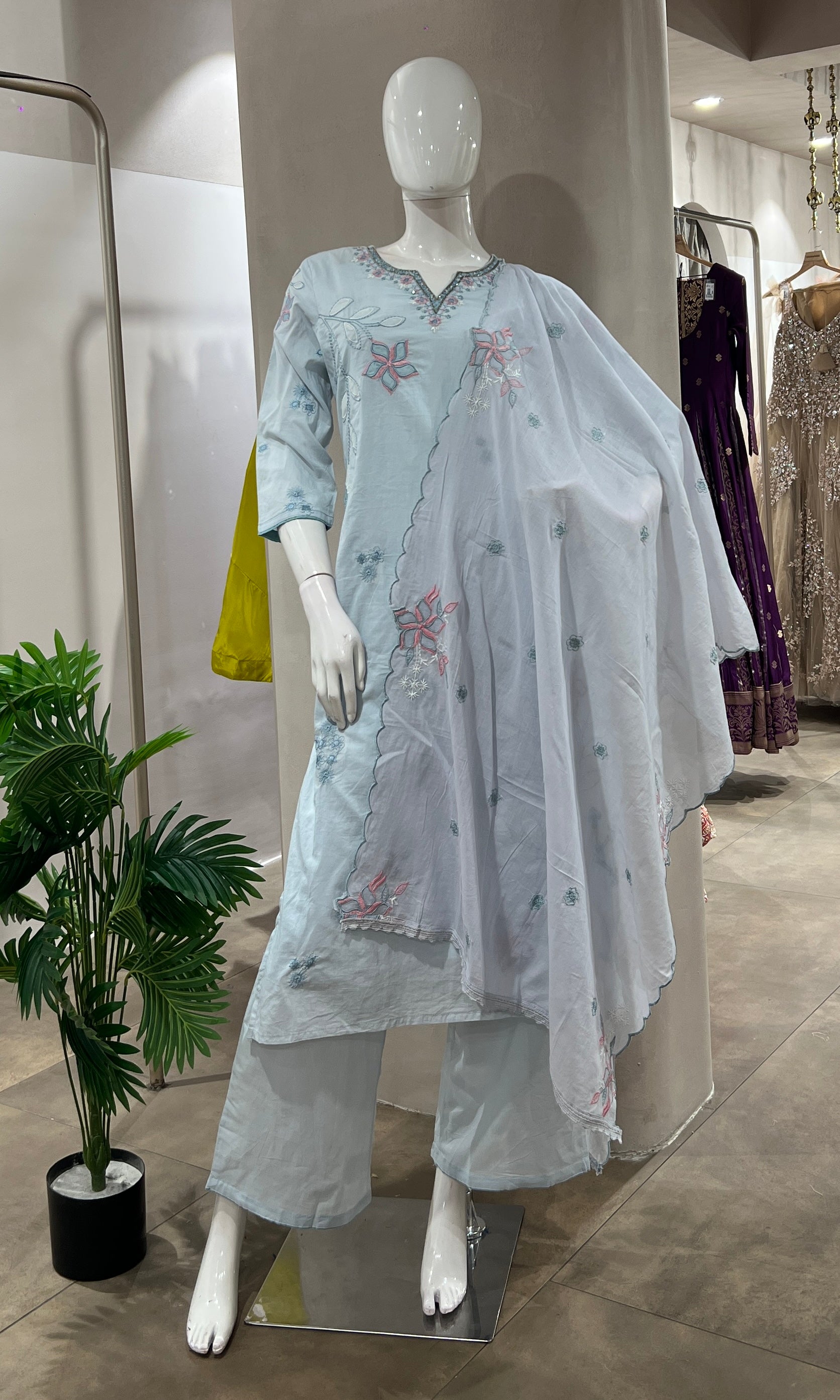 BLUE FLORAL MOTIFS COTTON KURTA SET