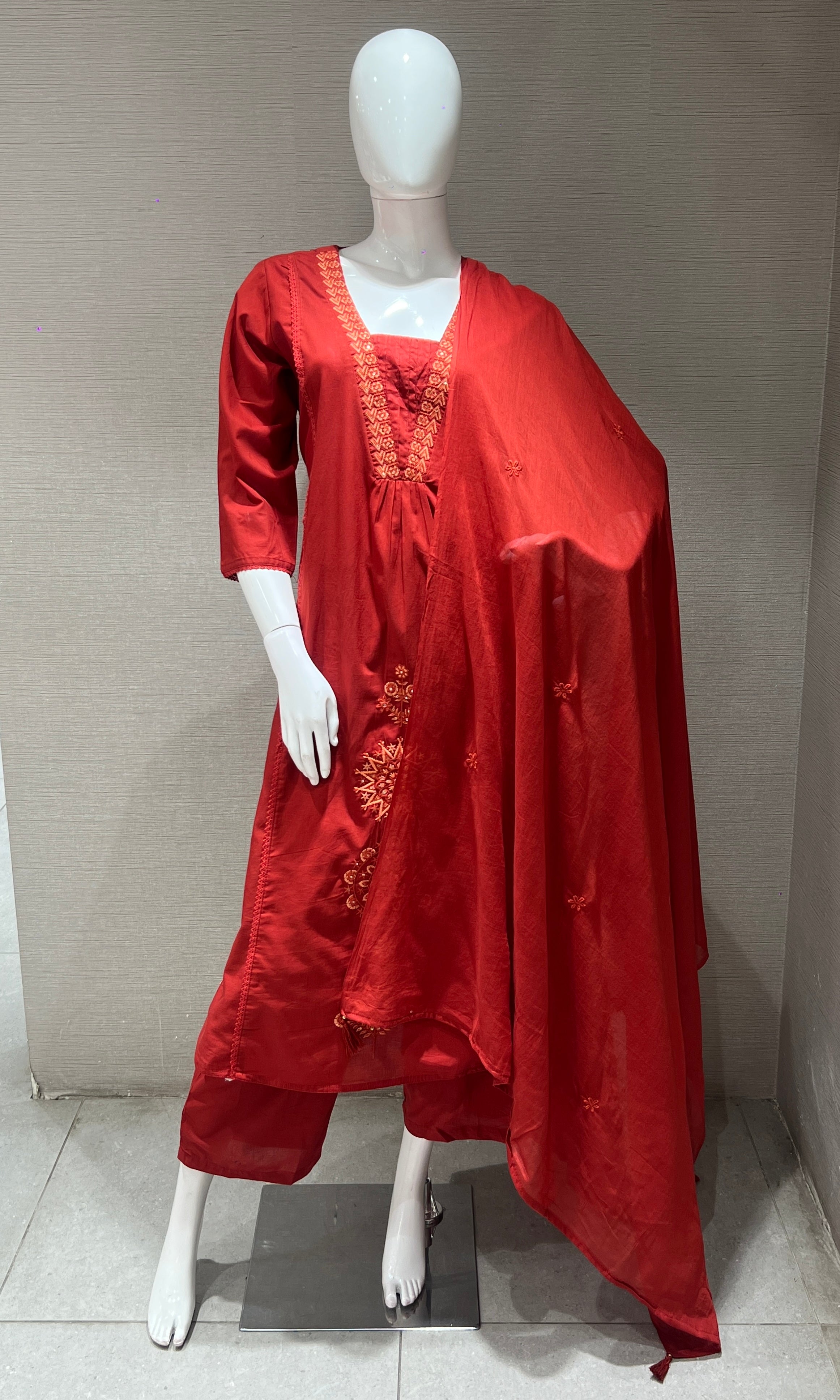 Rust EMBROIDERED kurta set WITH DUPATTA