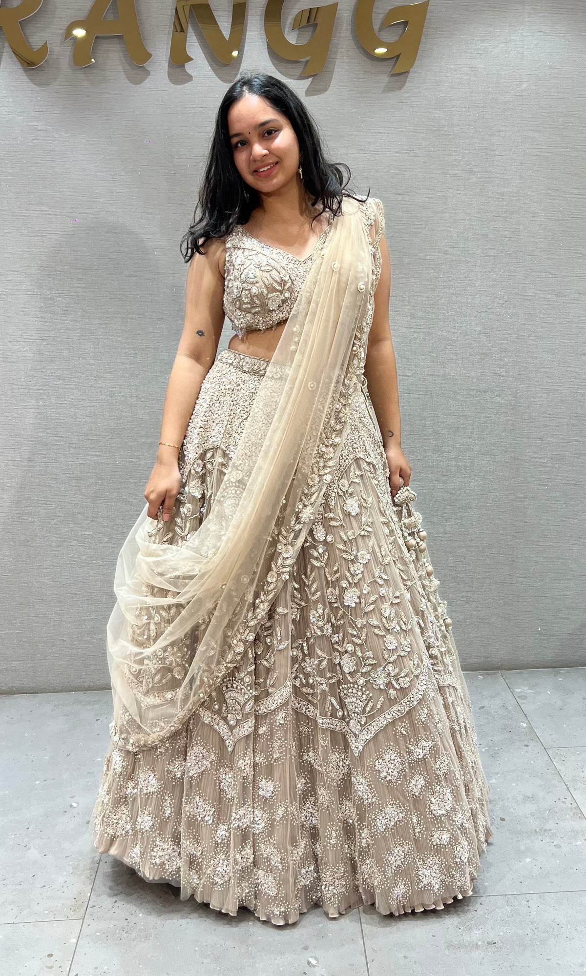 Champagne Soft Net Intricate Zari Sequin Embroidery Bridal lehenga