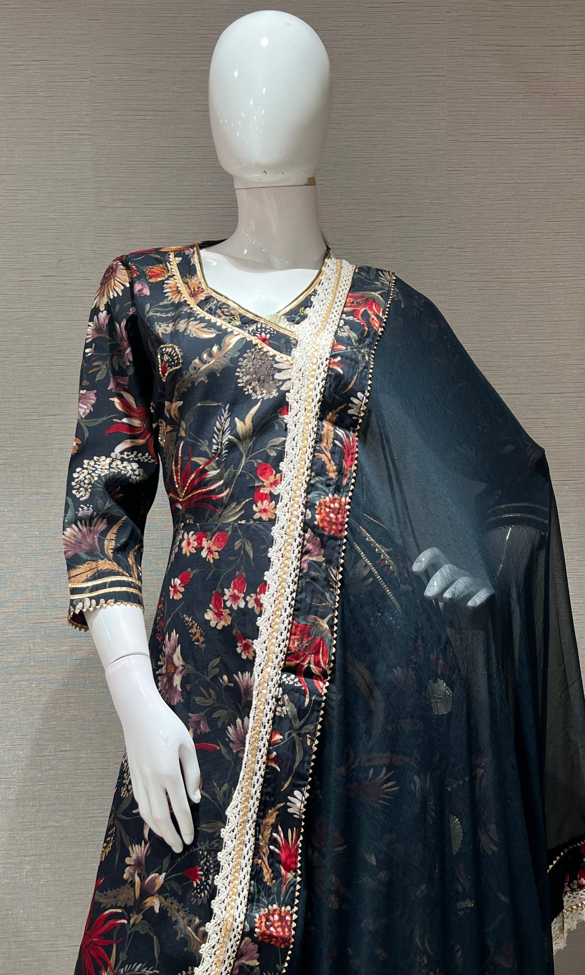 Black A LINE FLORAL kurta set