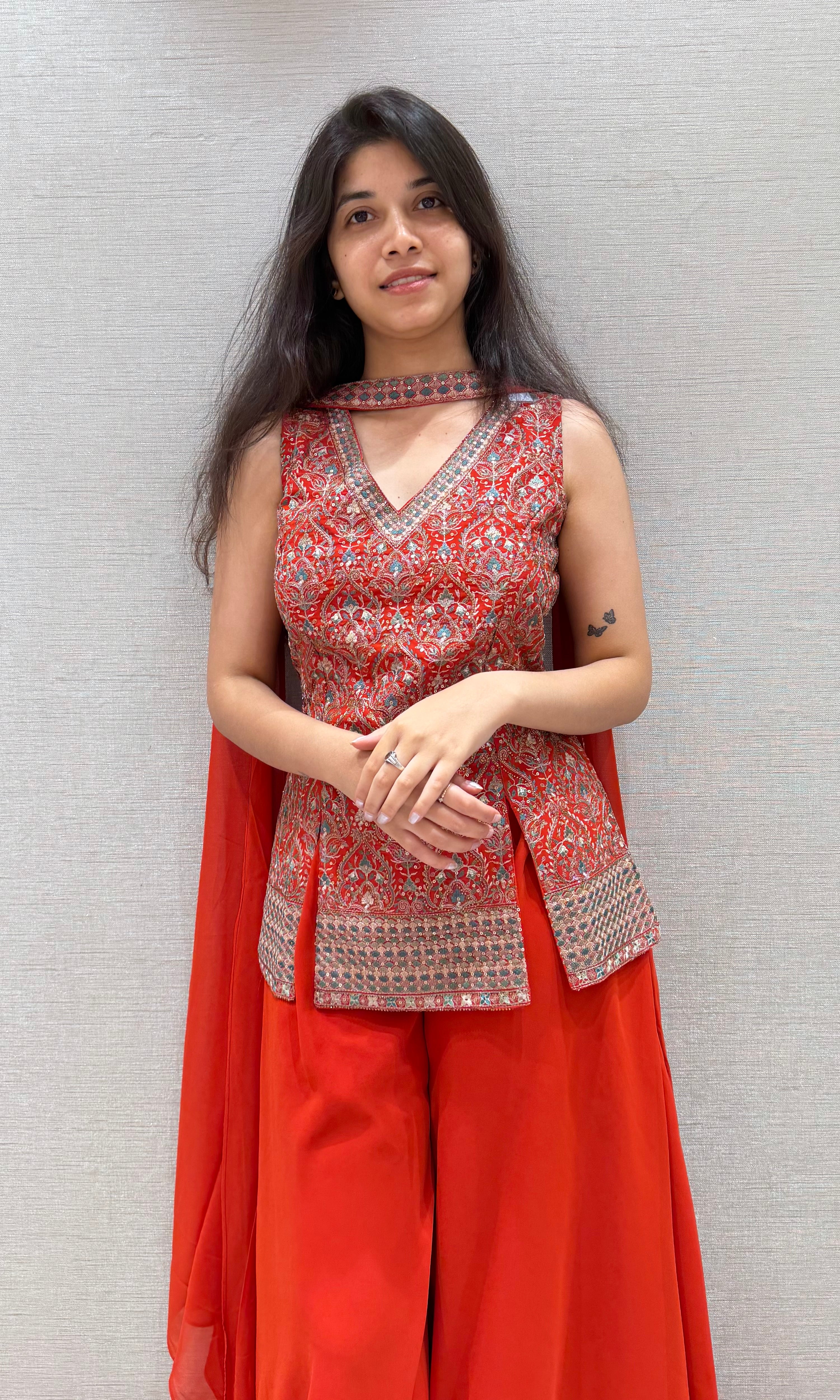 Rust EMBROIDERED PEPLUM PALAZZO SET