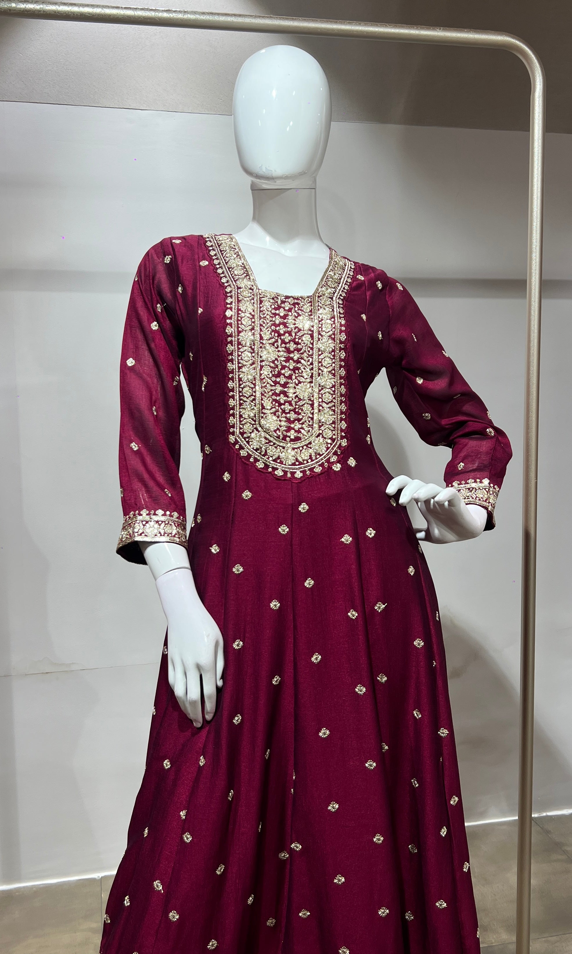 Wine gold embroidered Anarkali set