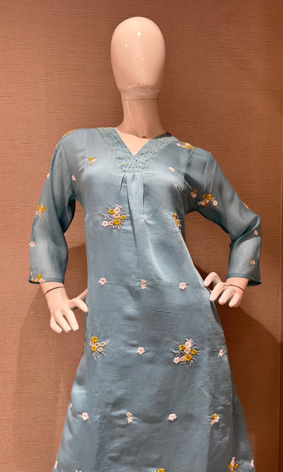 Light Blue Chanderi Kurta Set with Gold Zari Border Dupatta