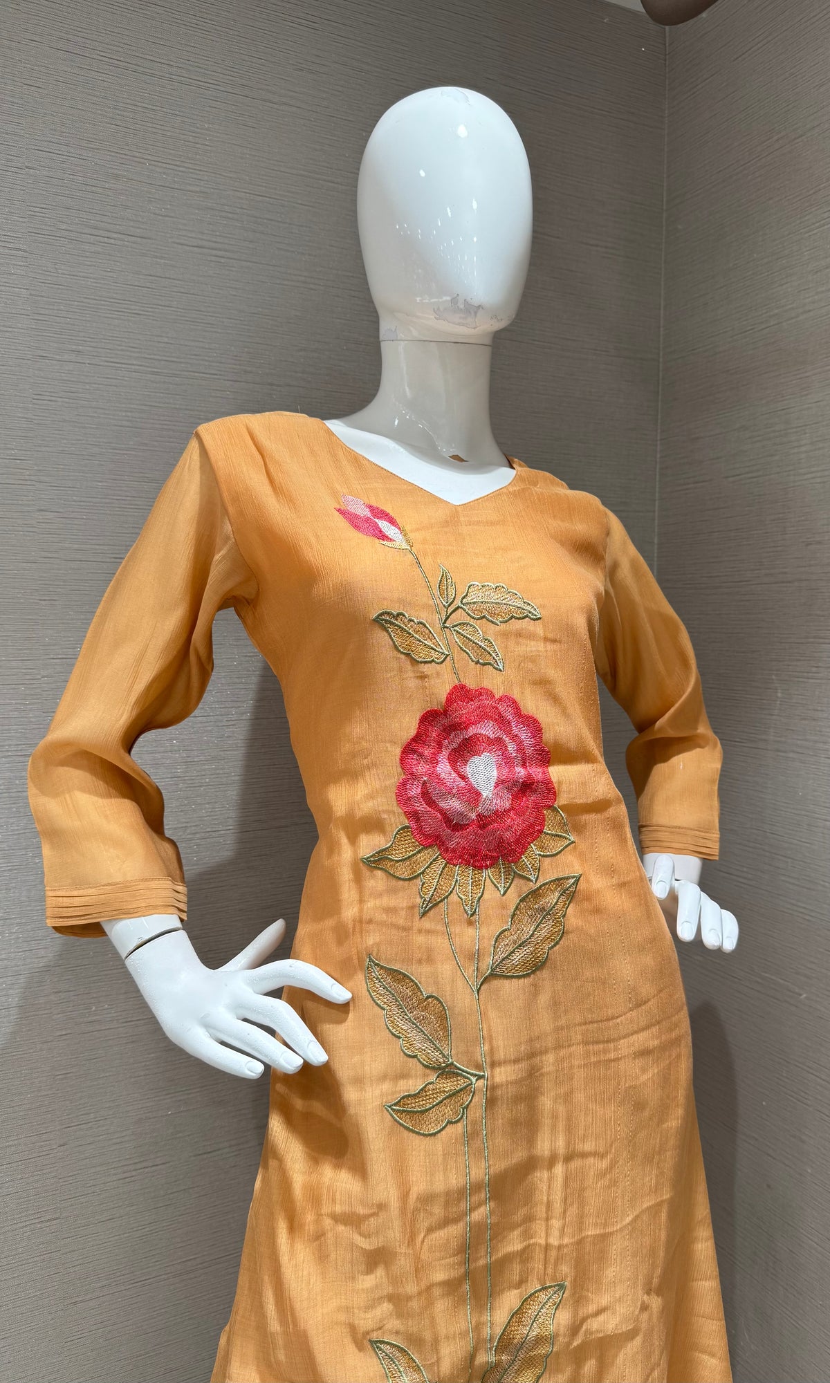 Peach cotton rose Floral Embroidery Kurta Set with Dupatta