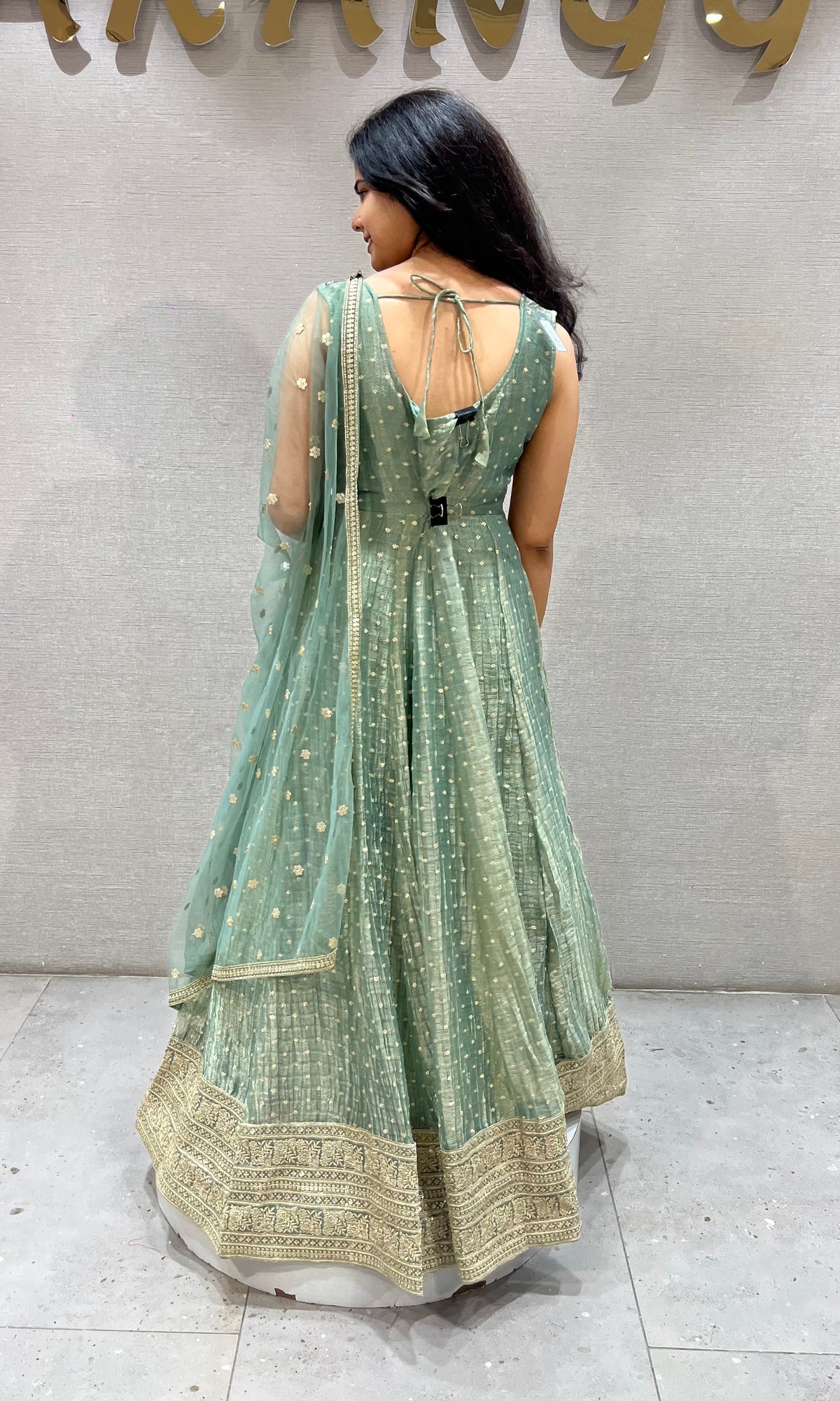 Mint Green shimmer Anarkali with Sheer Dupatta