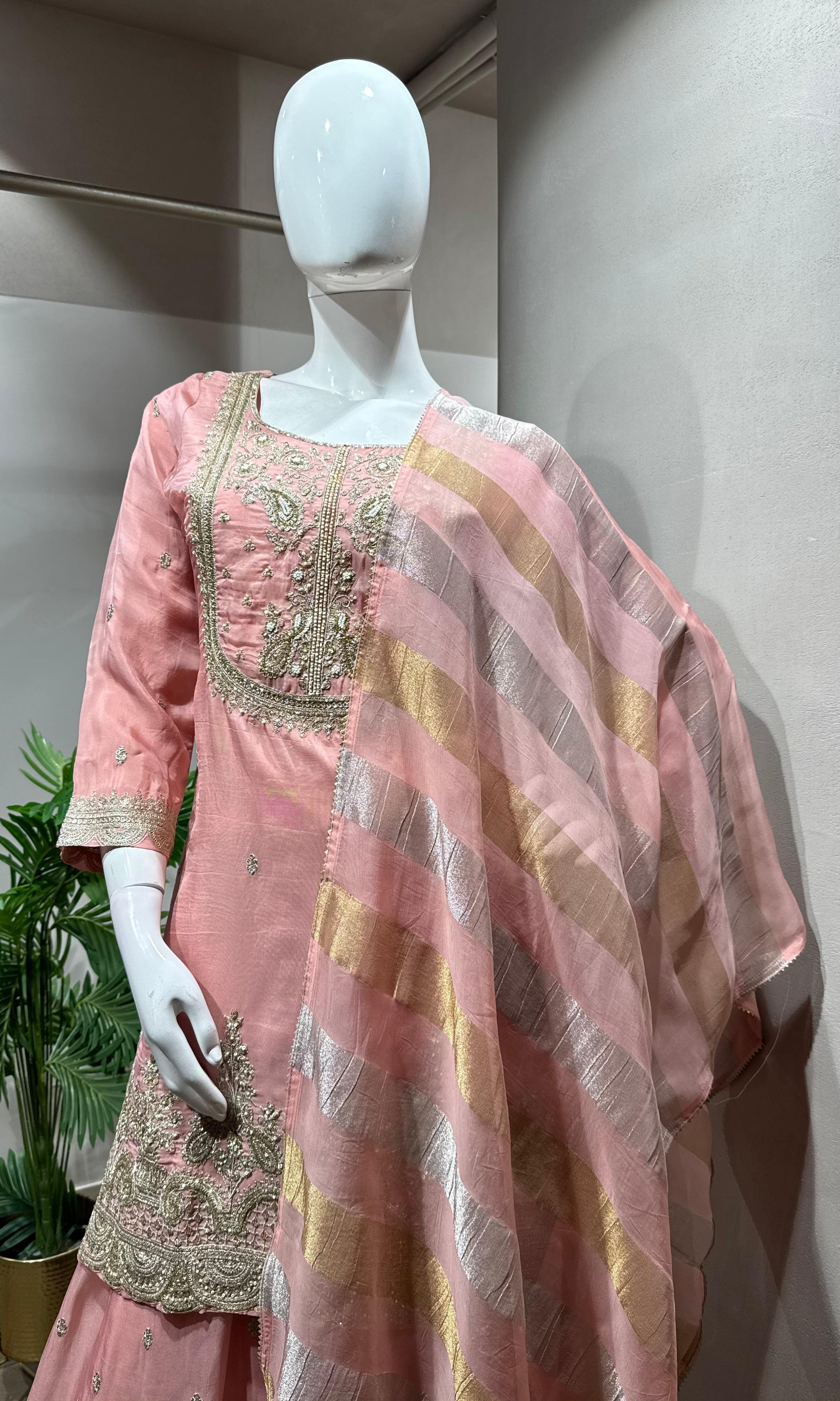 pink silk embroidered sharara set