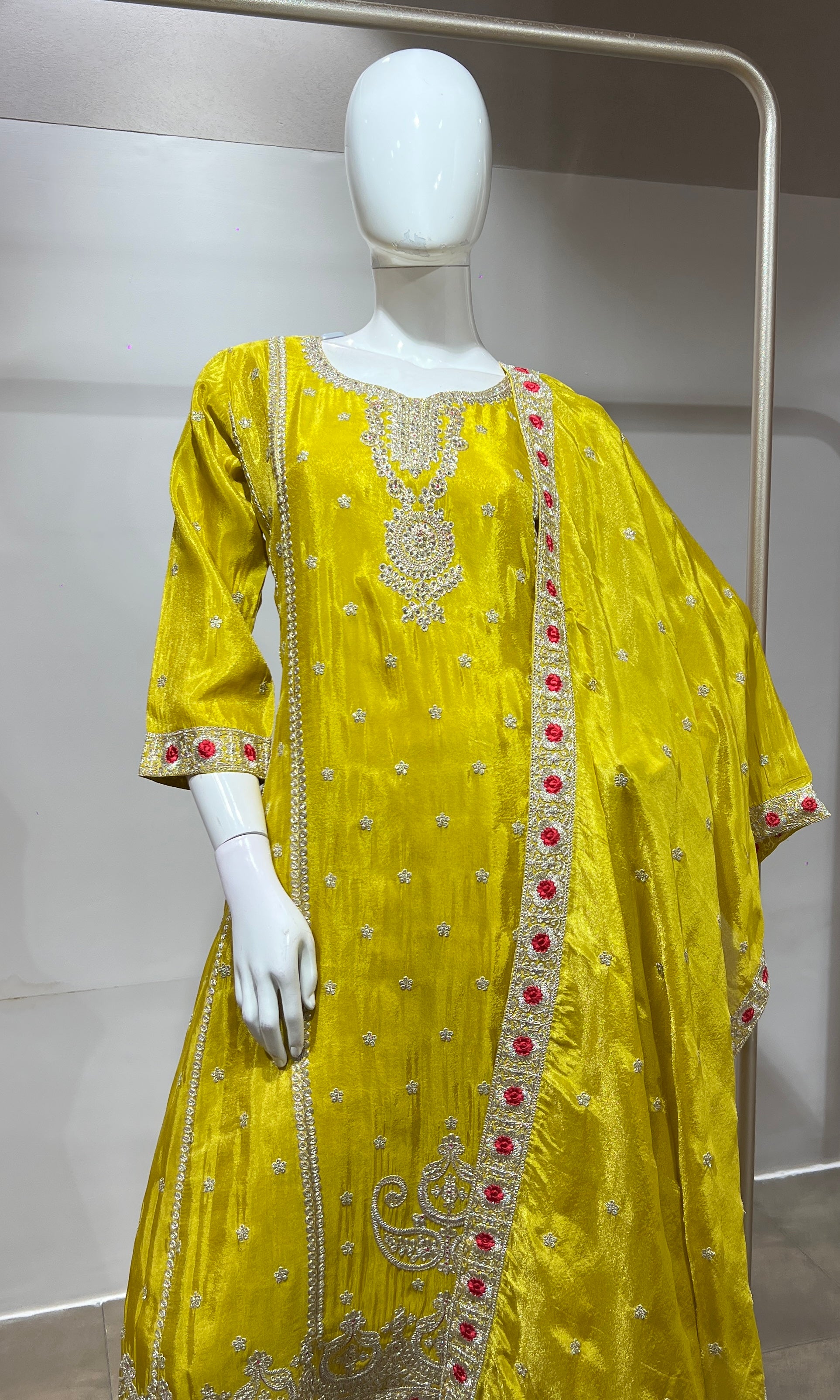 Yellow Silk Embroidered Kurta Suit with Dupatta