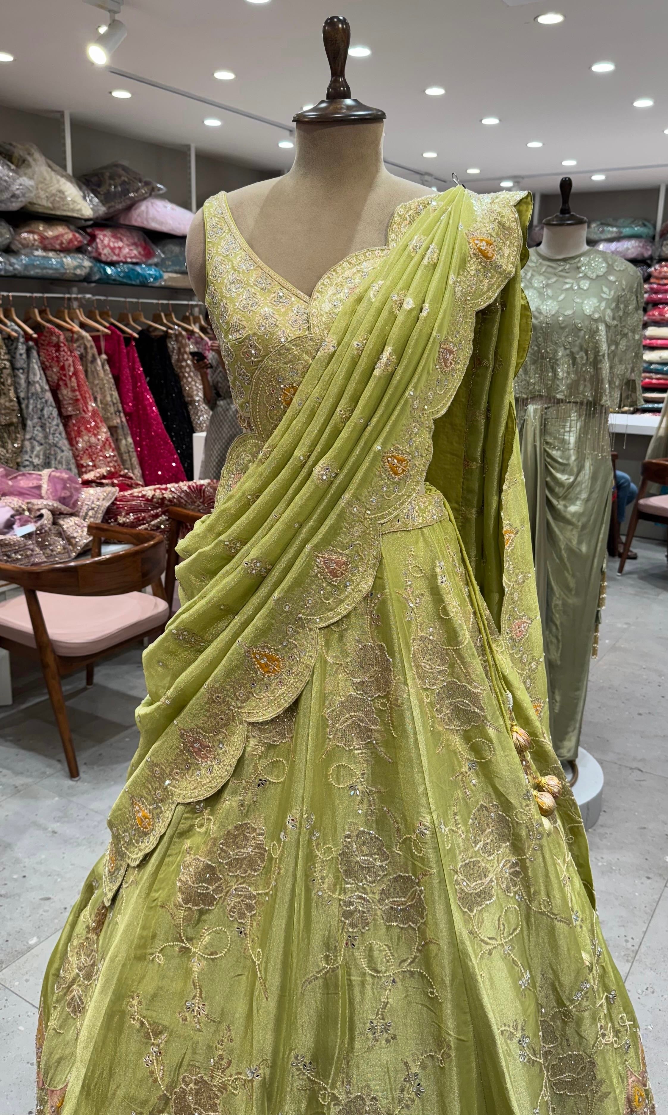 Green Detailed Floral Embroidery Lehenga
