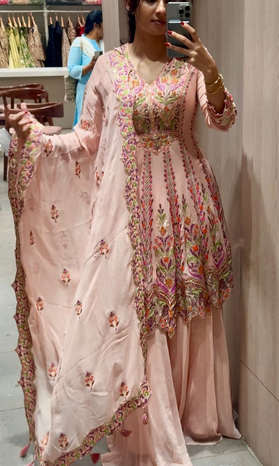 Peachy pink floral Embroidery peplum palazzo set