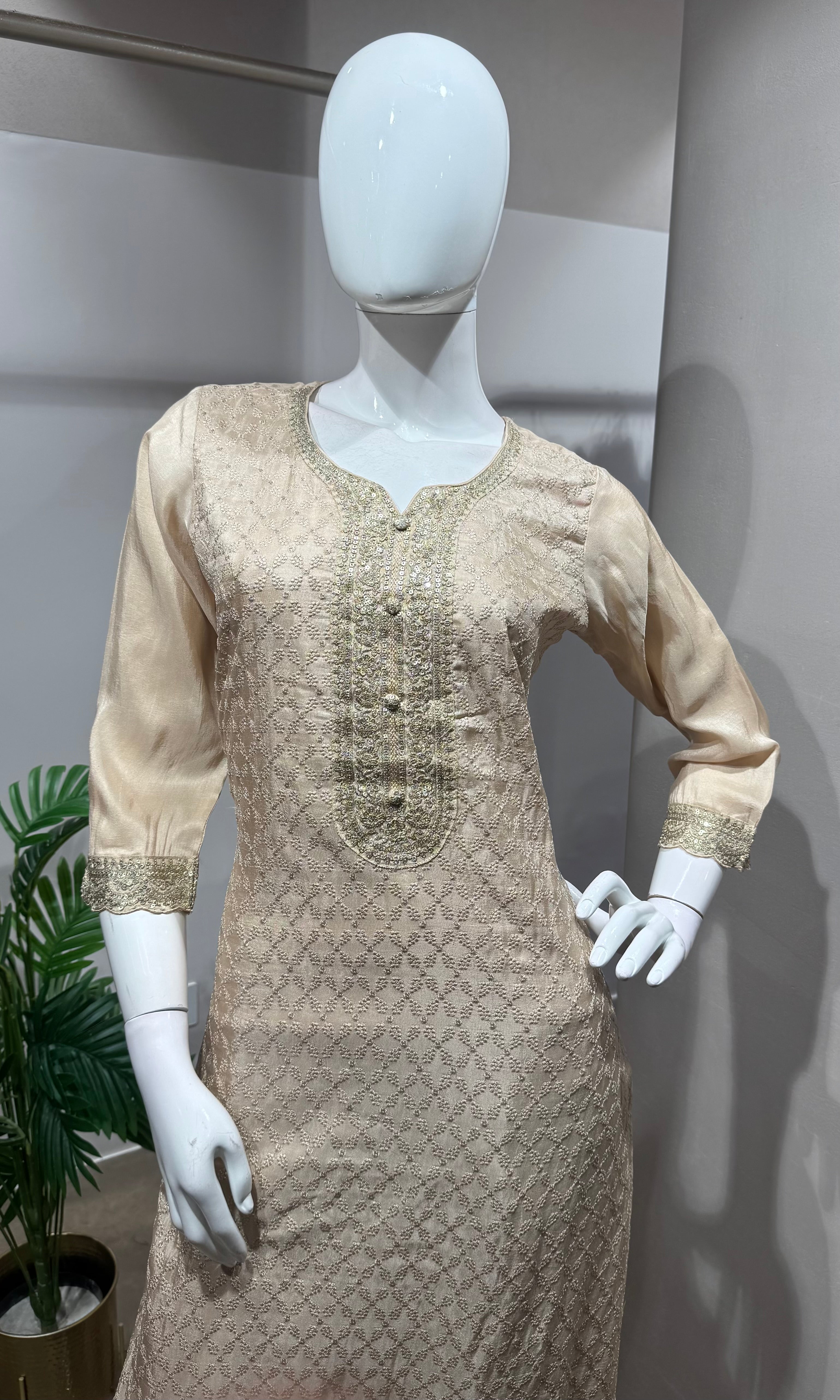 Ivory straight kurta set with contrast dupatta