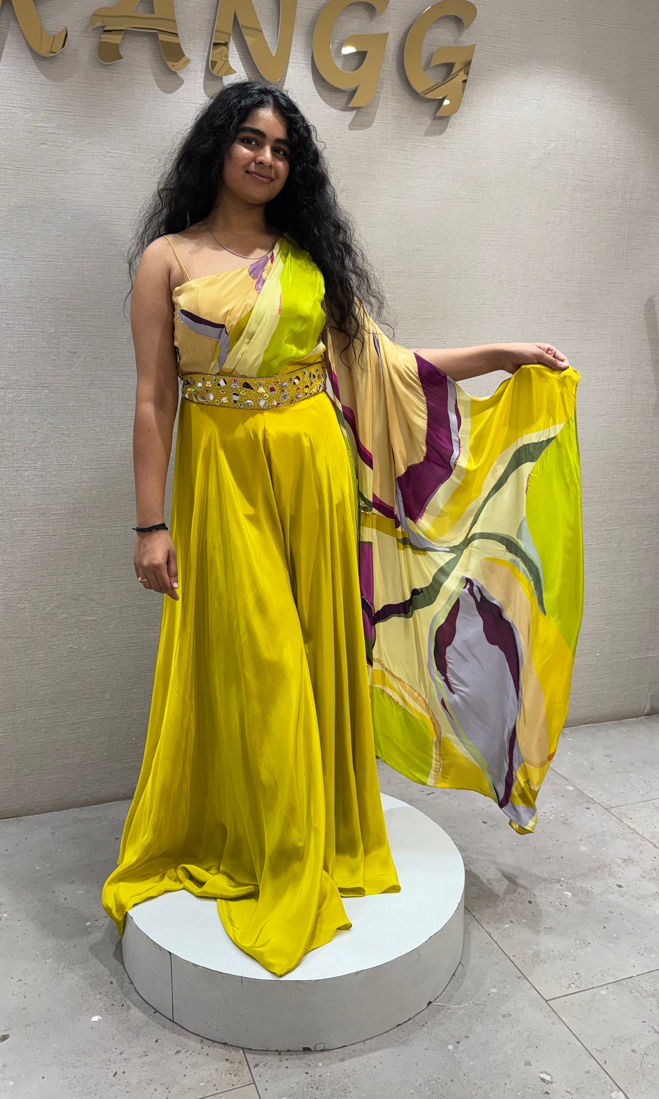Lemon Green Draped Gown with Belt