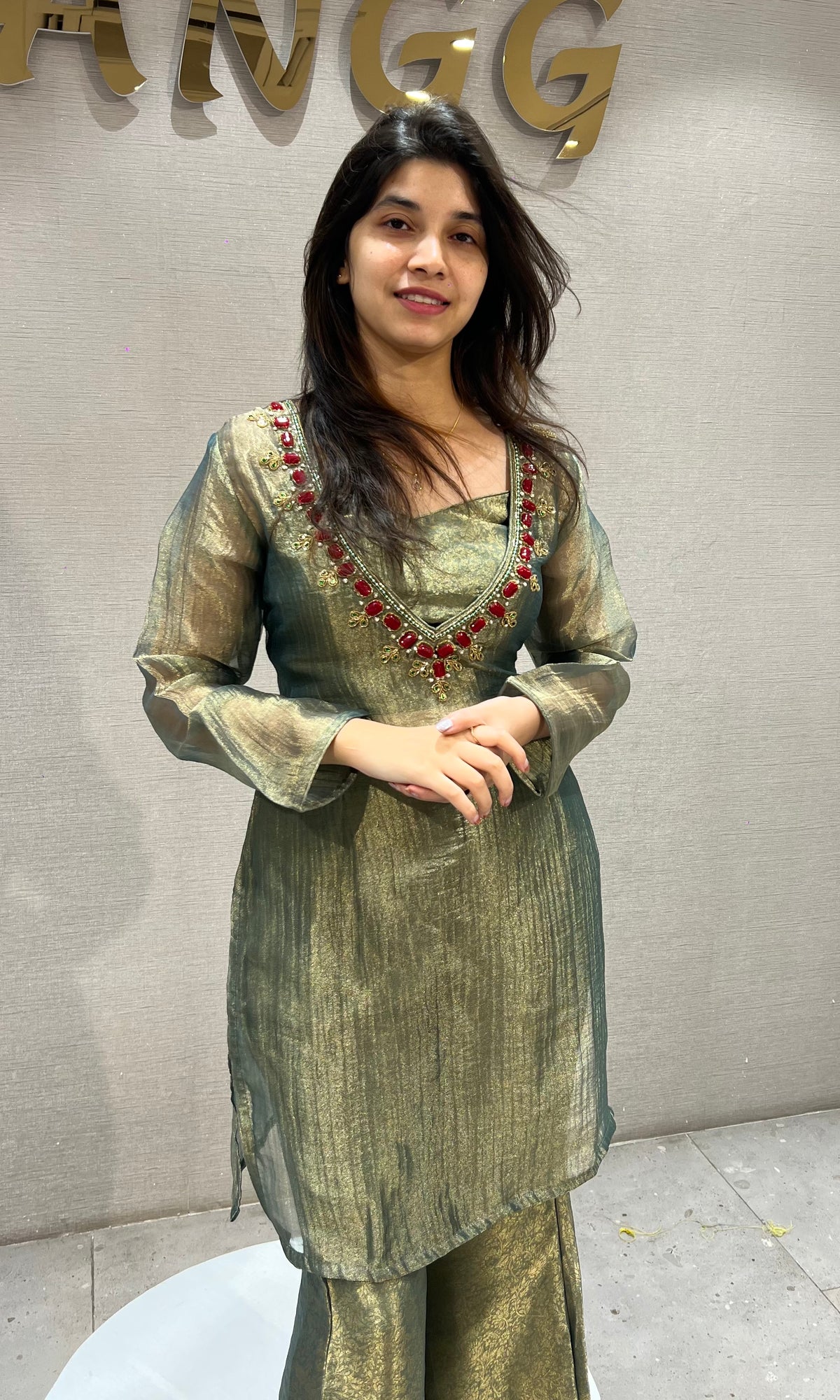 Olive Green Shimmer Cord set with Red Embroidered Neckline