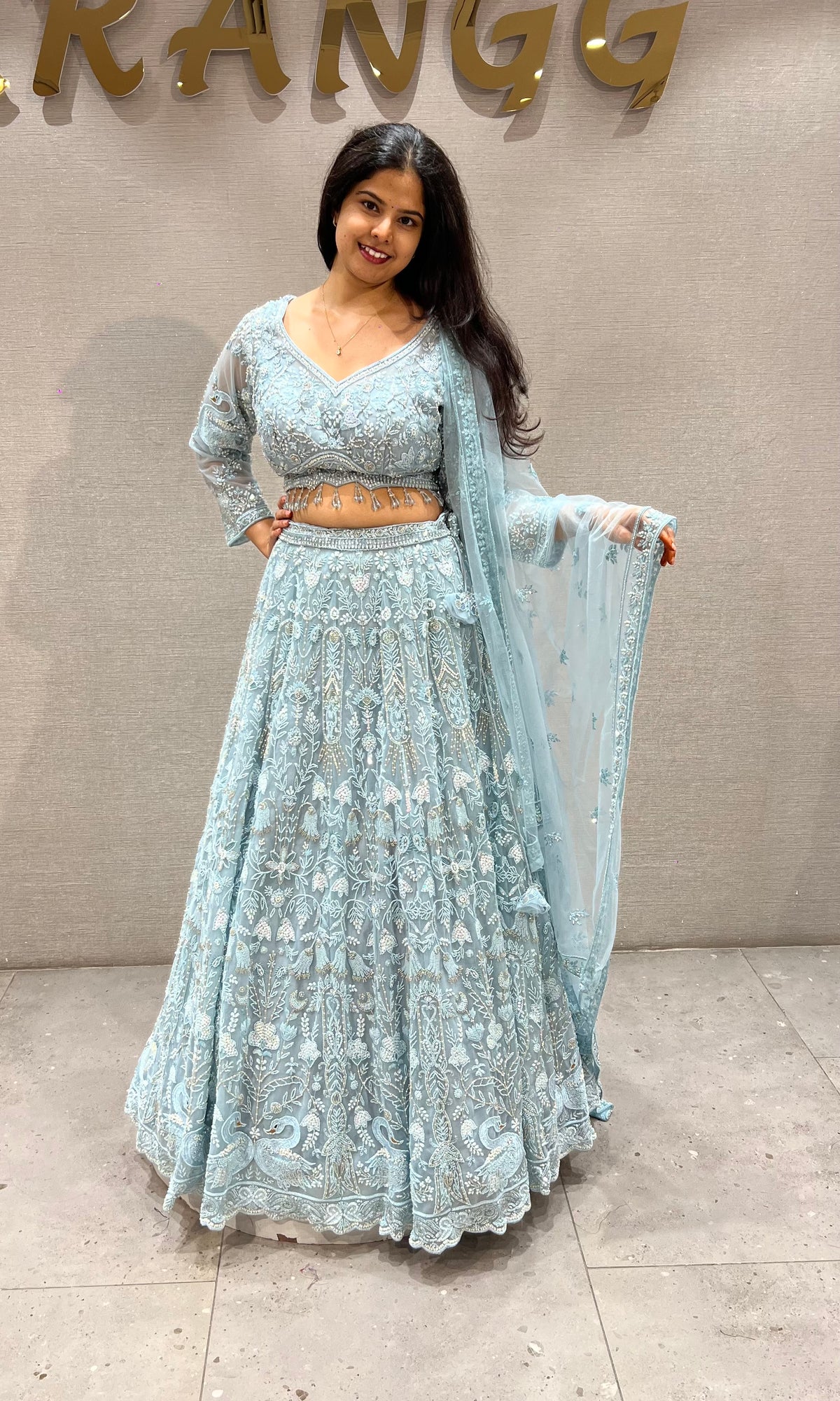 Powder Blue Floral silk Embroidered Bridal Lehenga set with dupatta