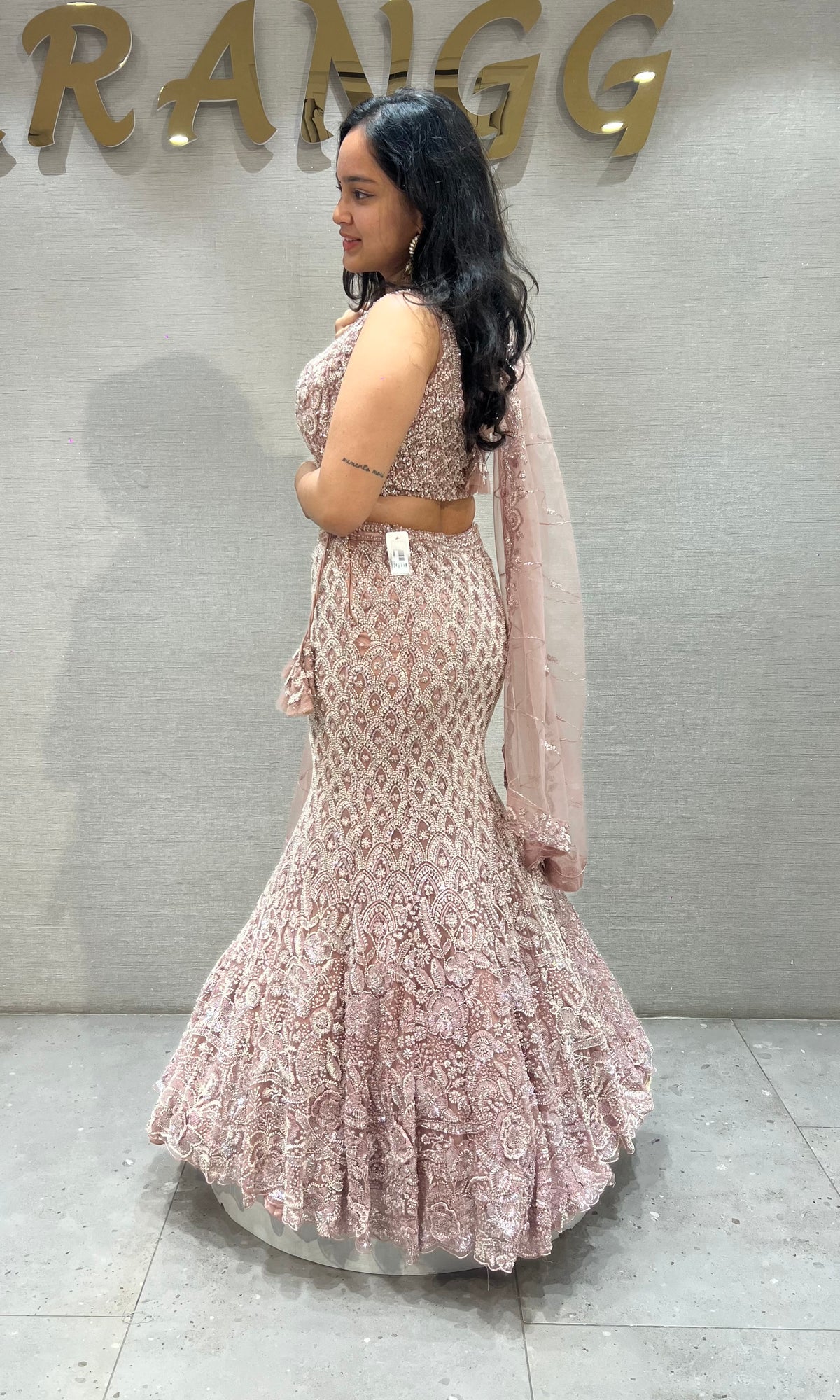 Onion Pink Embroidered fish cut Lehenga with Sheer Dupatta