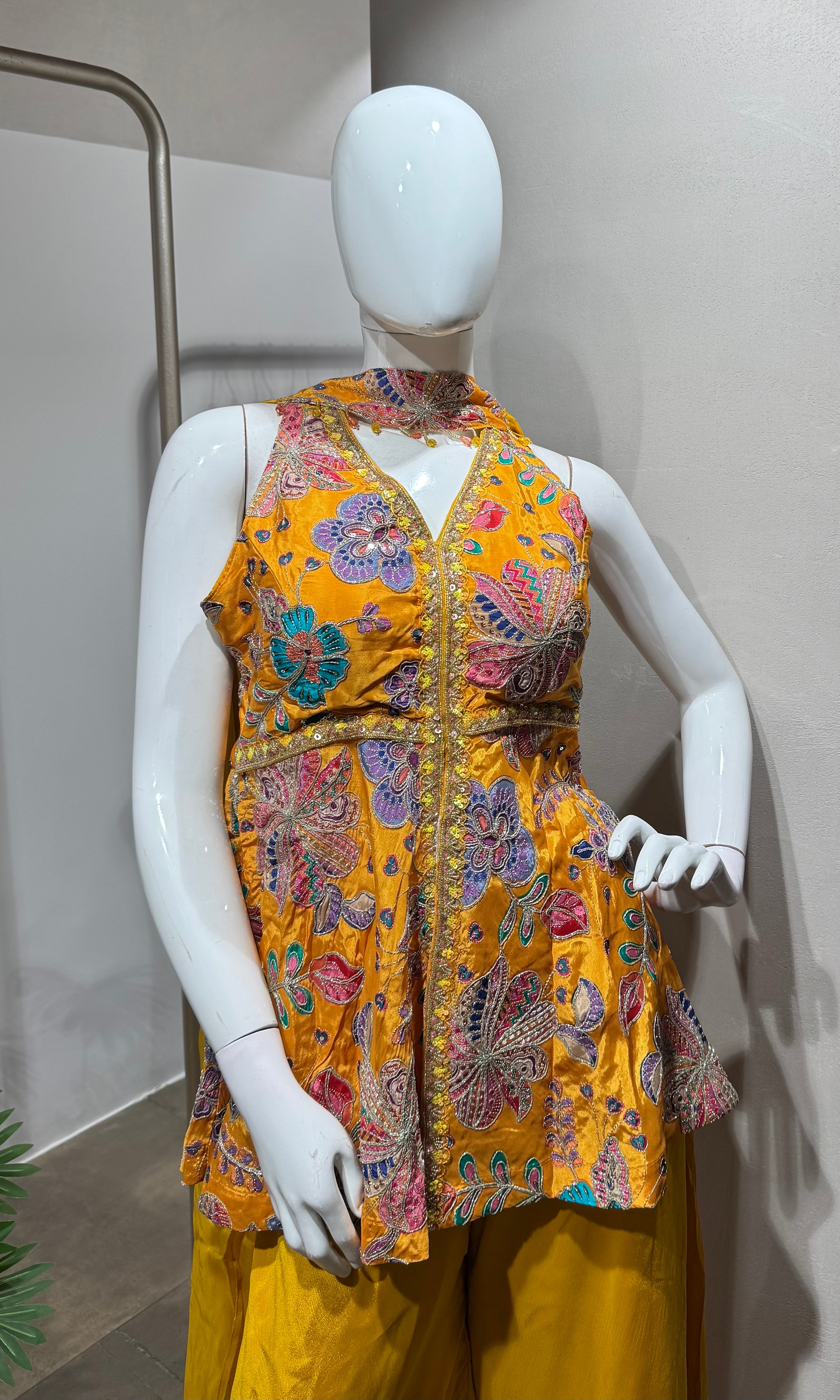 yellow embroidered peplum palazzo set