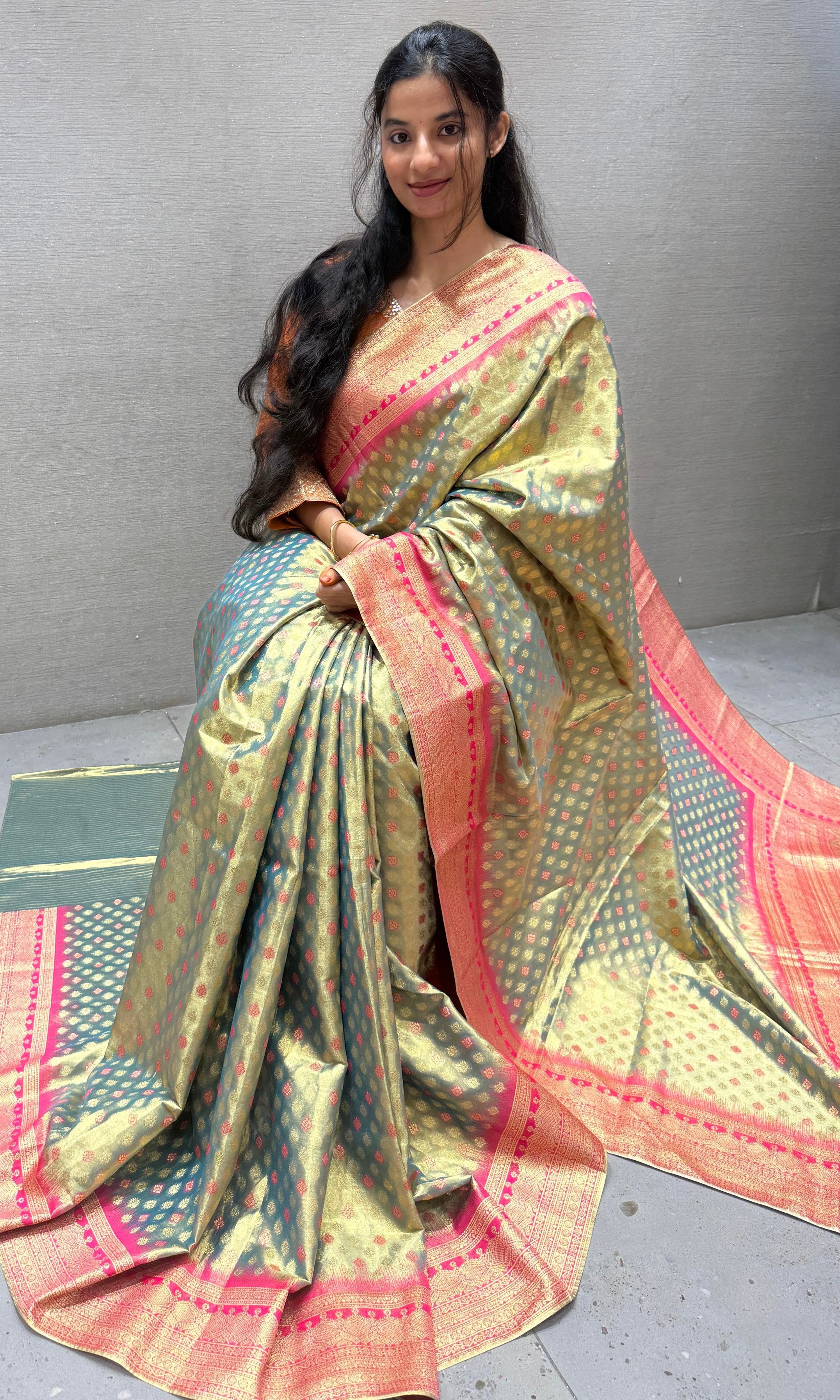 Pink saree with ready blouse